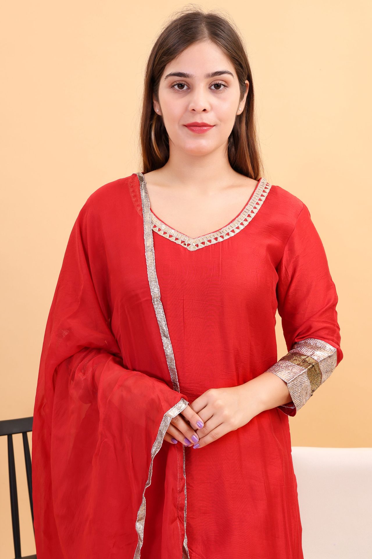 Chanderi Silk Kurta Set With Gota Work And Dupatta image 5