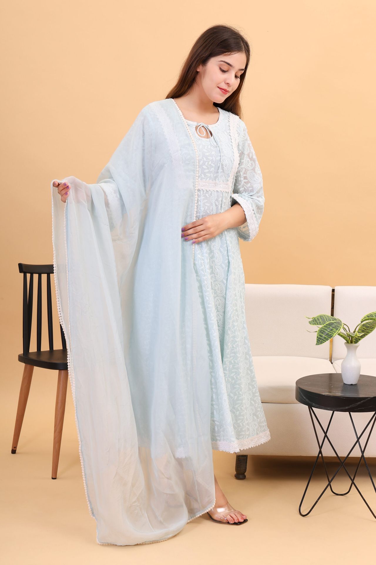 Georgette Chicken Kari Anarkali Kurta Set With Dupatta image 3