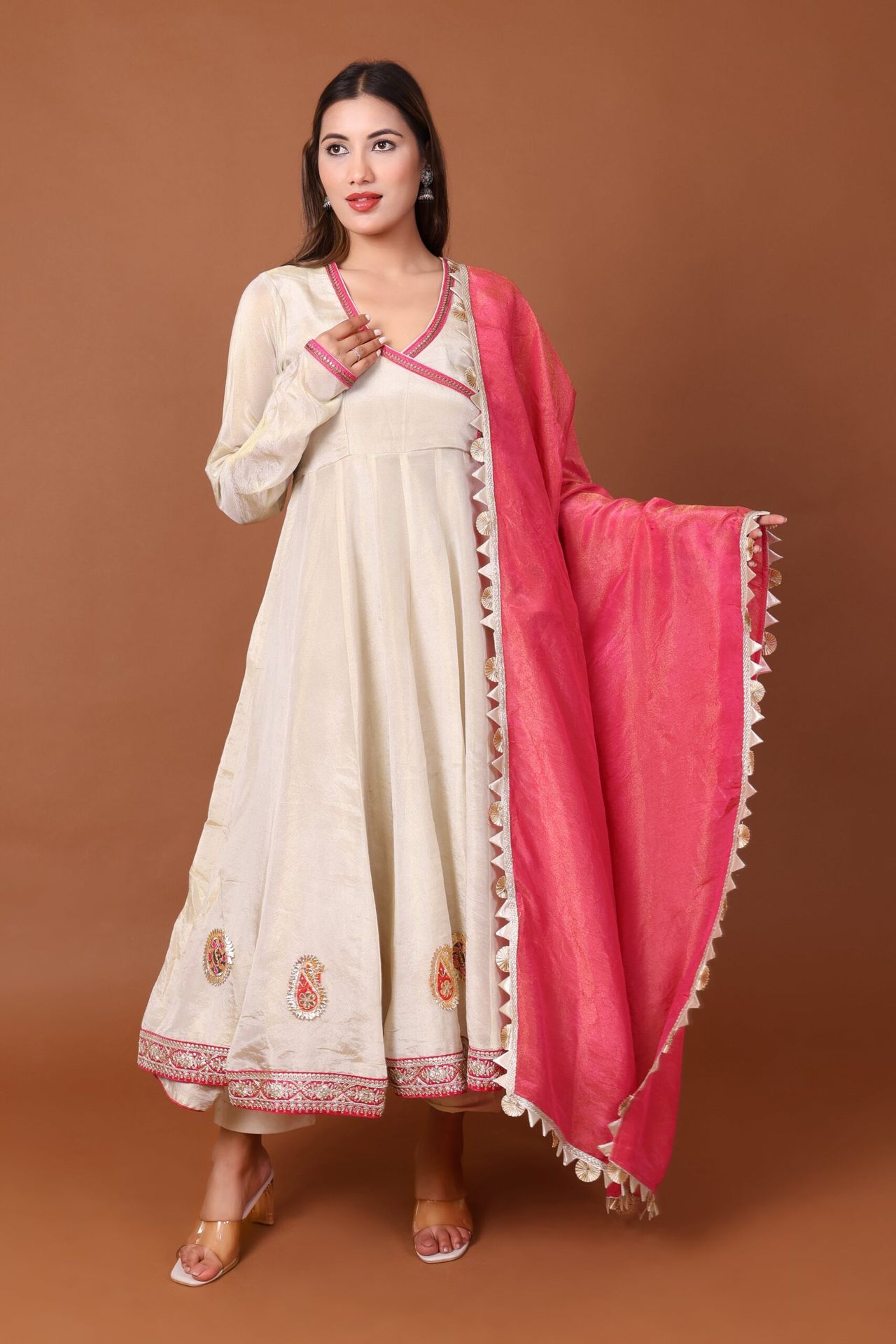 Tissue Silk Angrakha Anarkali Kurta Set With Dupatta image 3