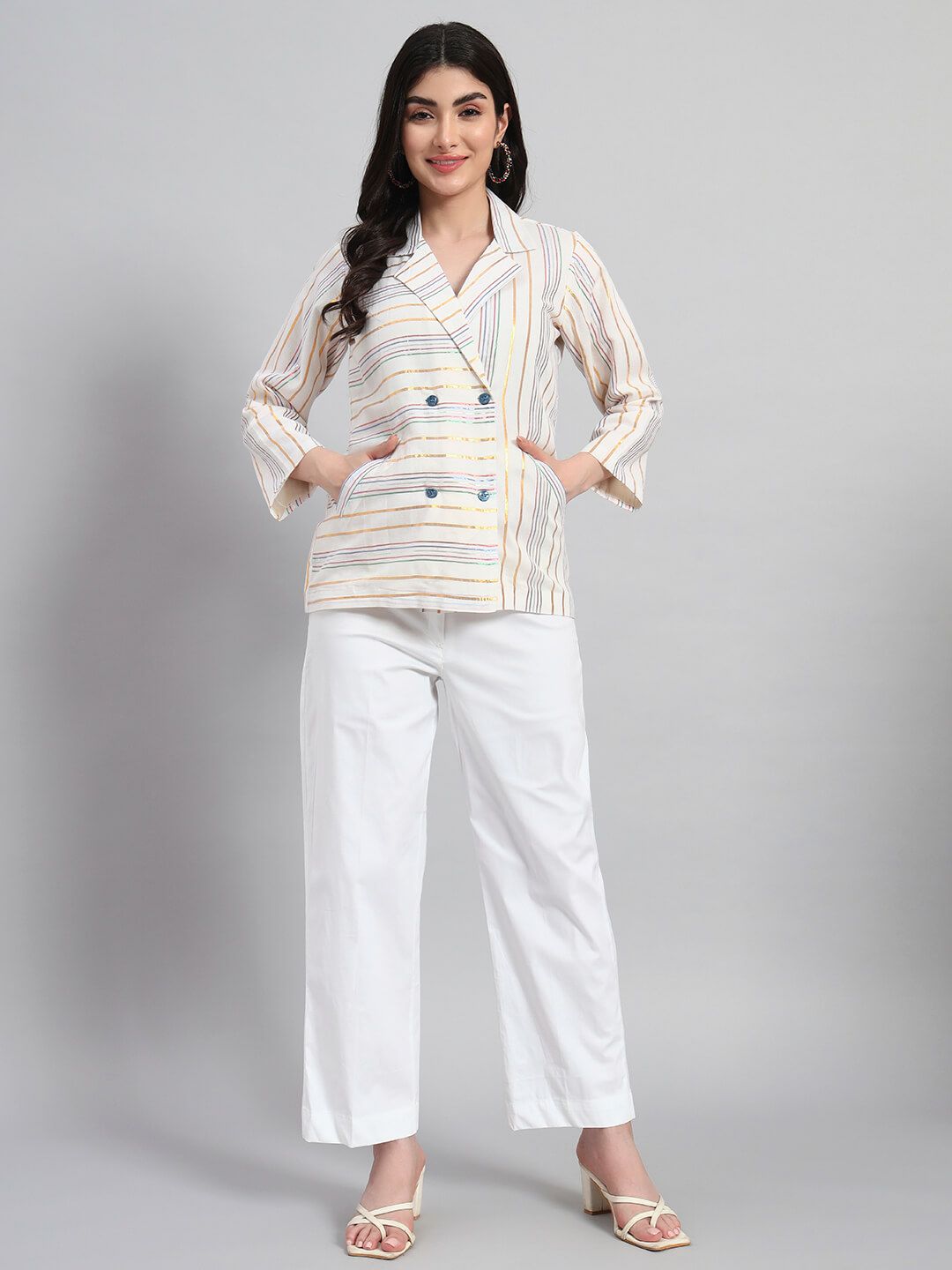 Cotton Stripes Coat With Pant image 4