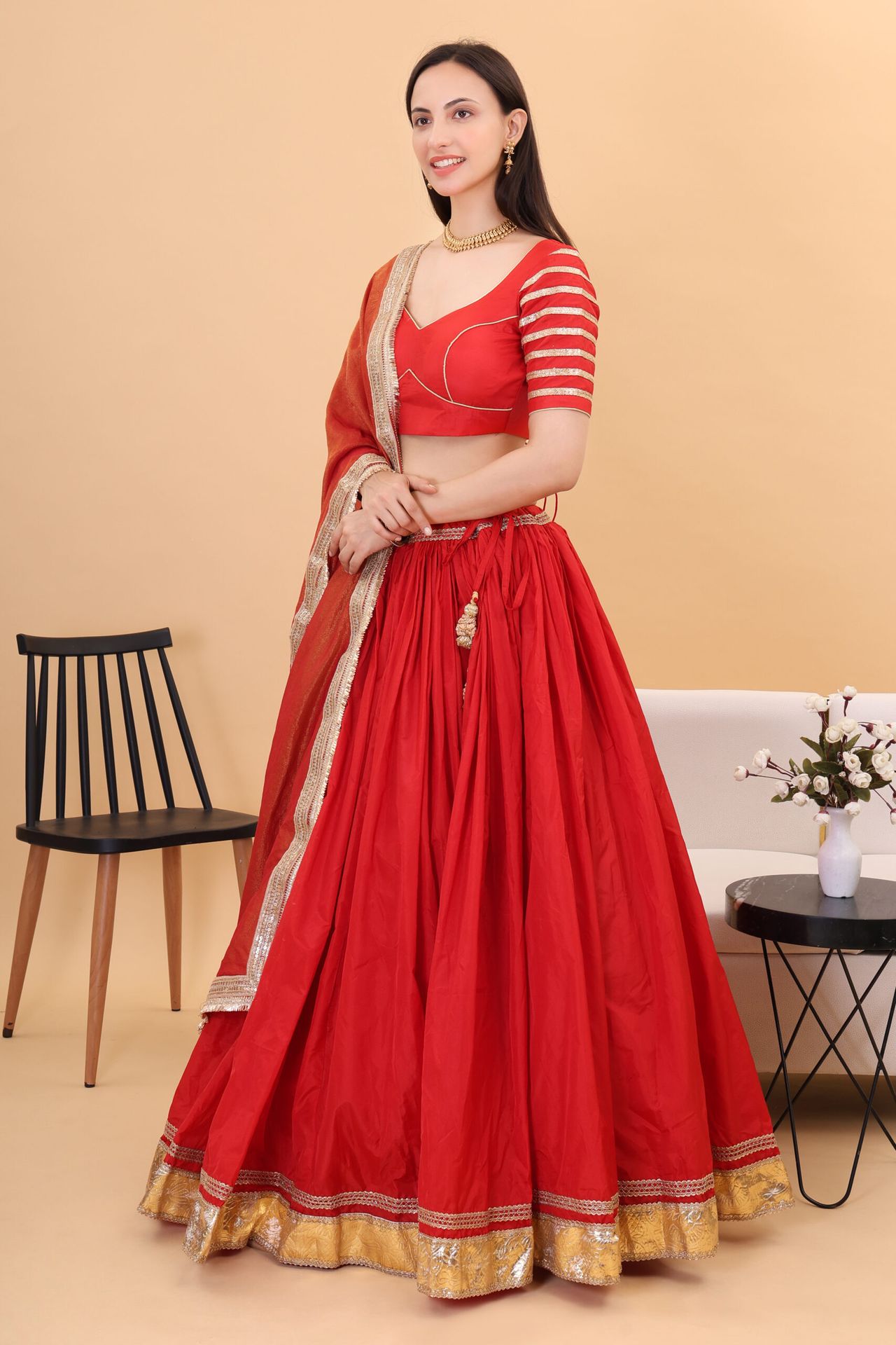 Red Silk Lehanga With Tissue Silk Dupatta image 3
