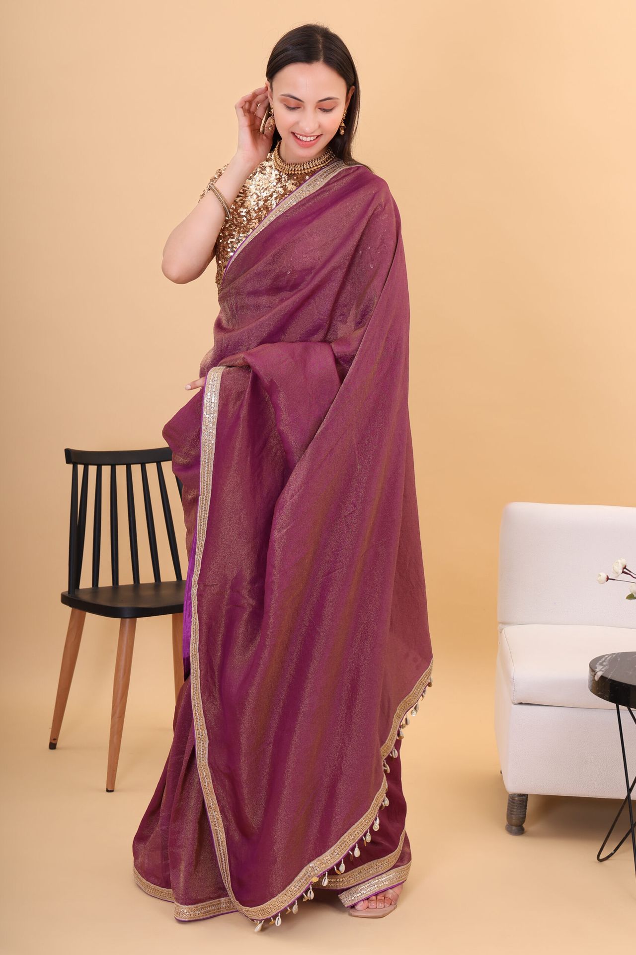 Wine Tissue Silk Saree With Embroidery Blouse image 3