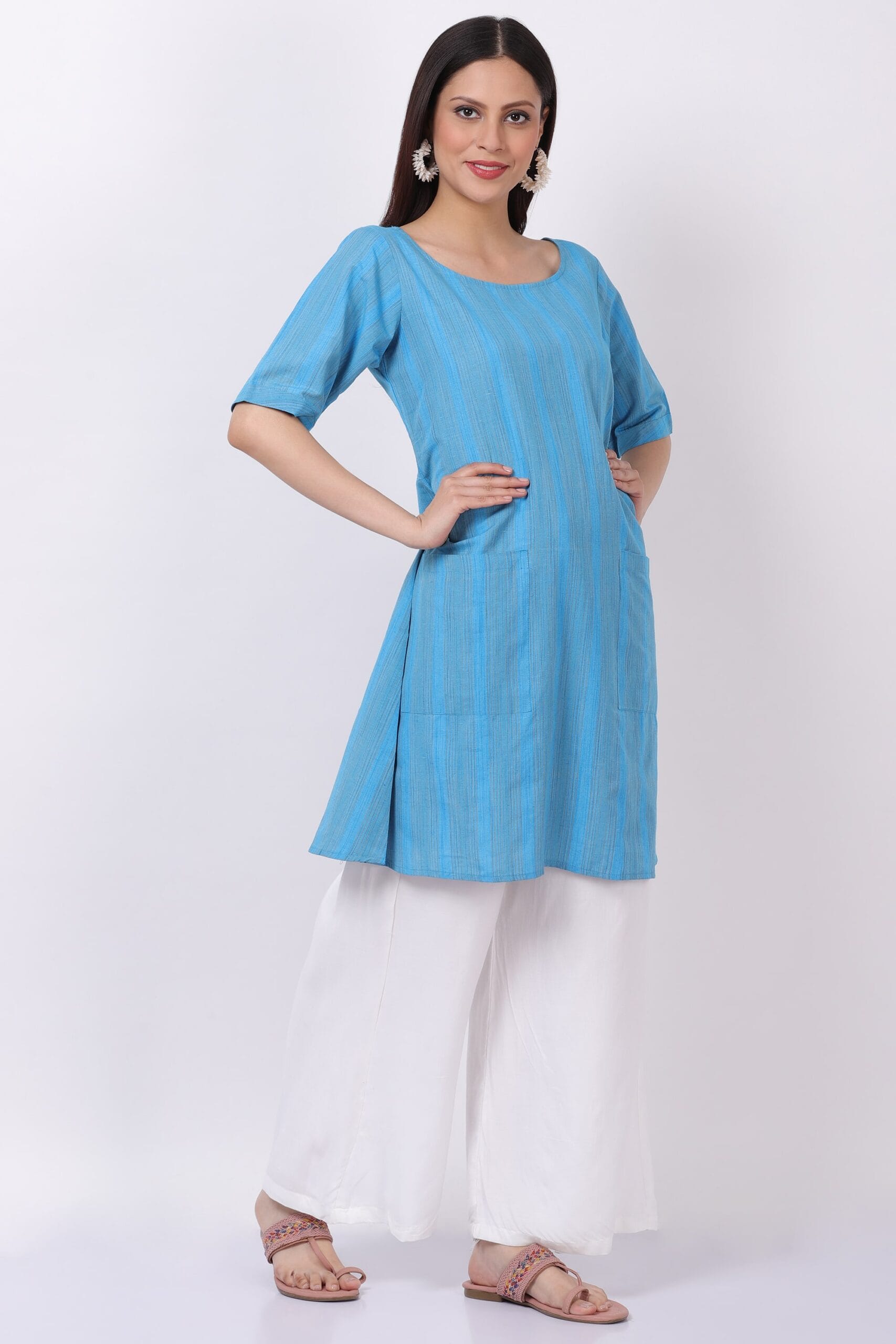 Blue Handloom Cotton Kurti With Palazzo image 4