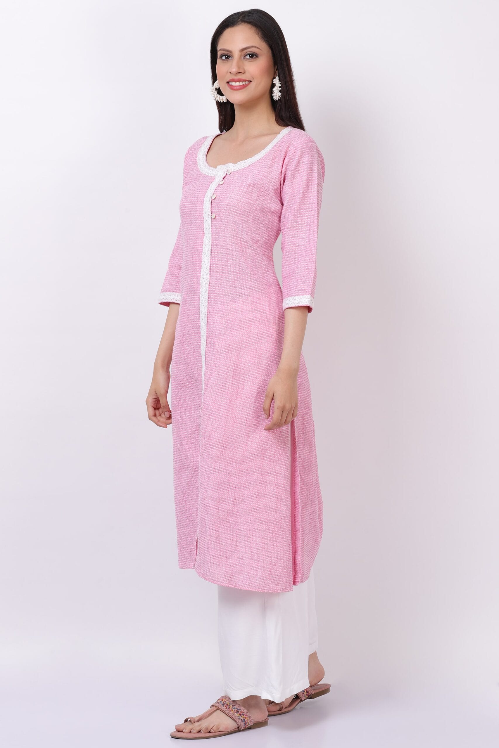 Pink Handloom Cotton Kurti With Palazzo image 4