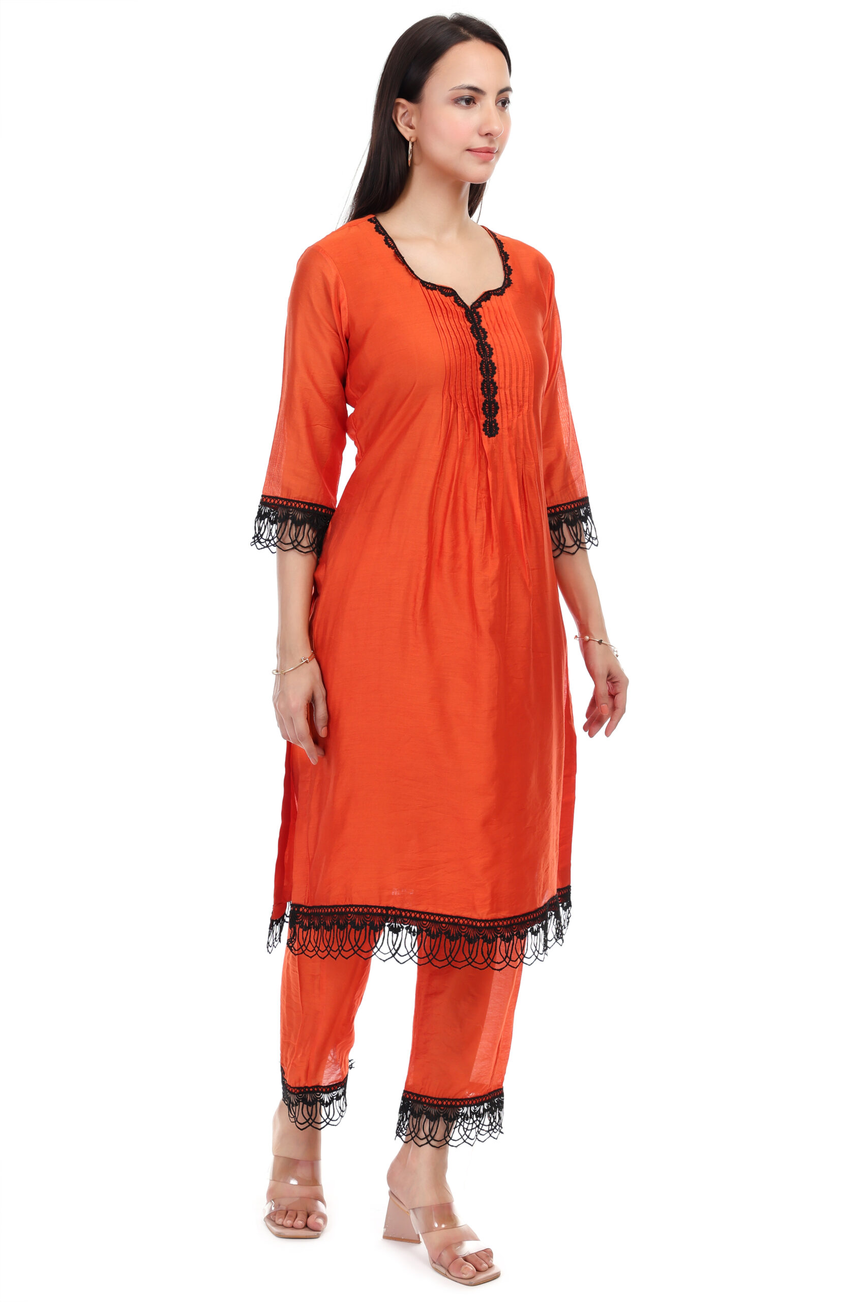 Chanderi Kurta Set With Lace Work image 4