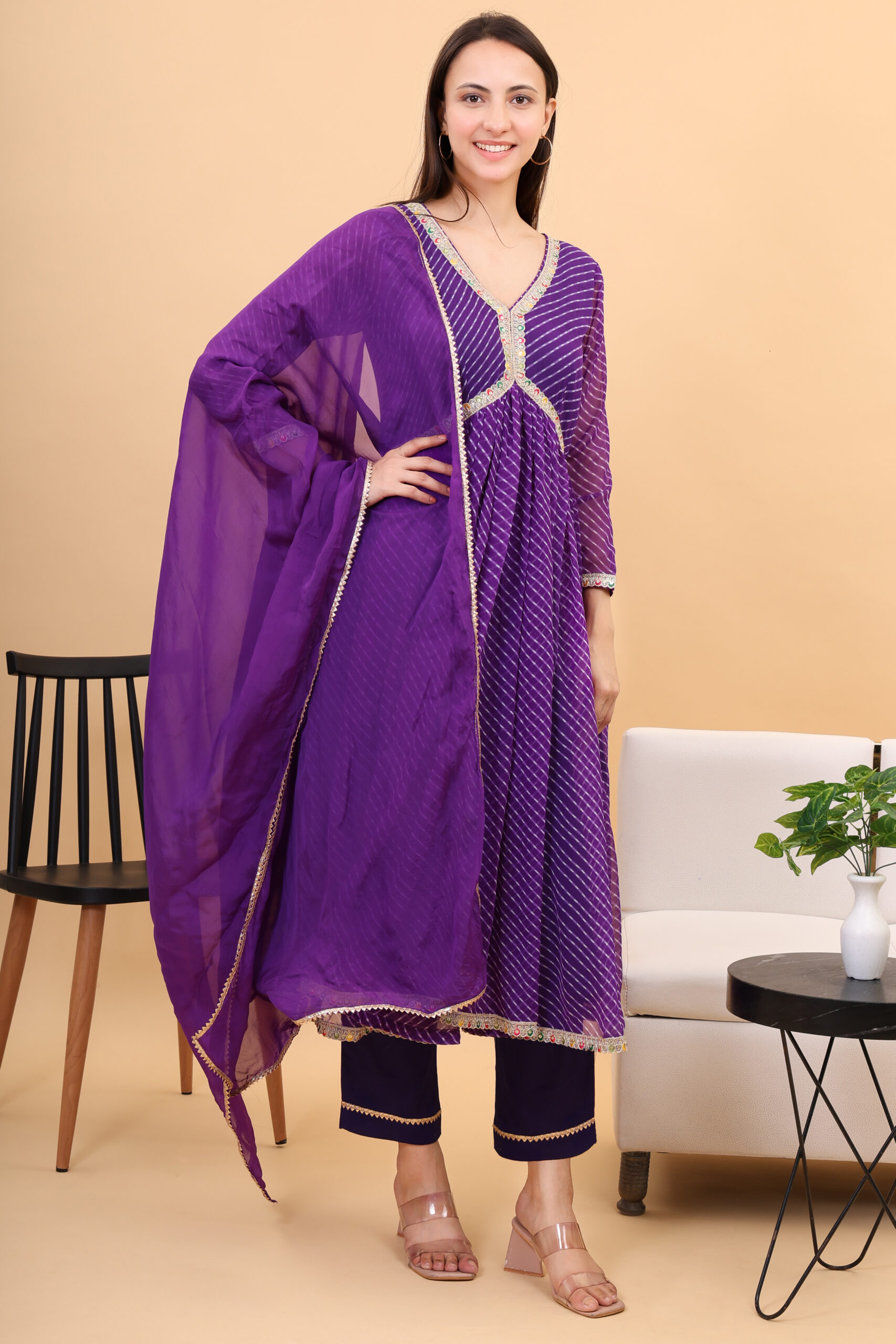 Georgette Lehria Anarkali Set With Orgenzza Dupatta image 4