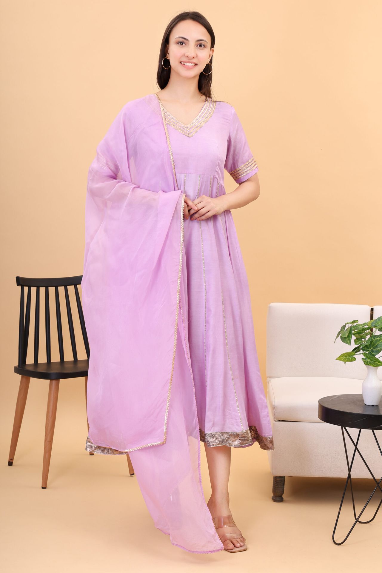 Muslin Lilac Anarkali Set With Orgenzza Dupatta image 4