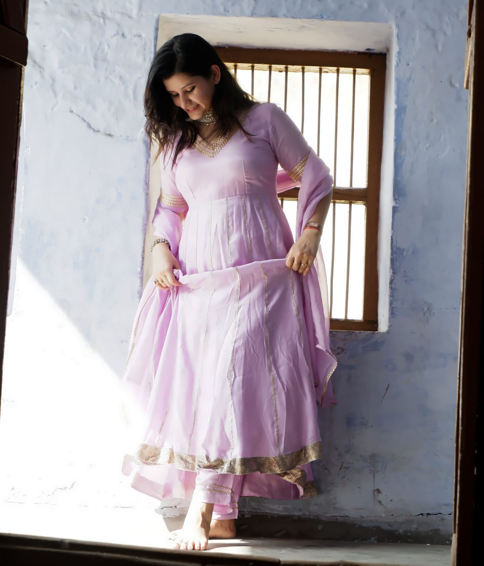Muslin Lilac Anarkali Set With Orgenzza Dupatta image 6