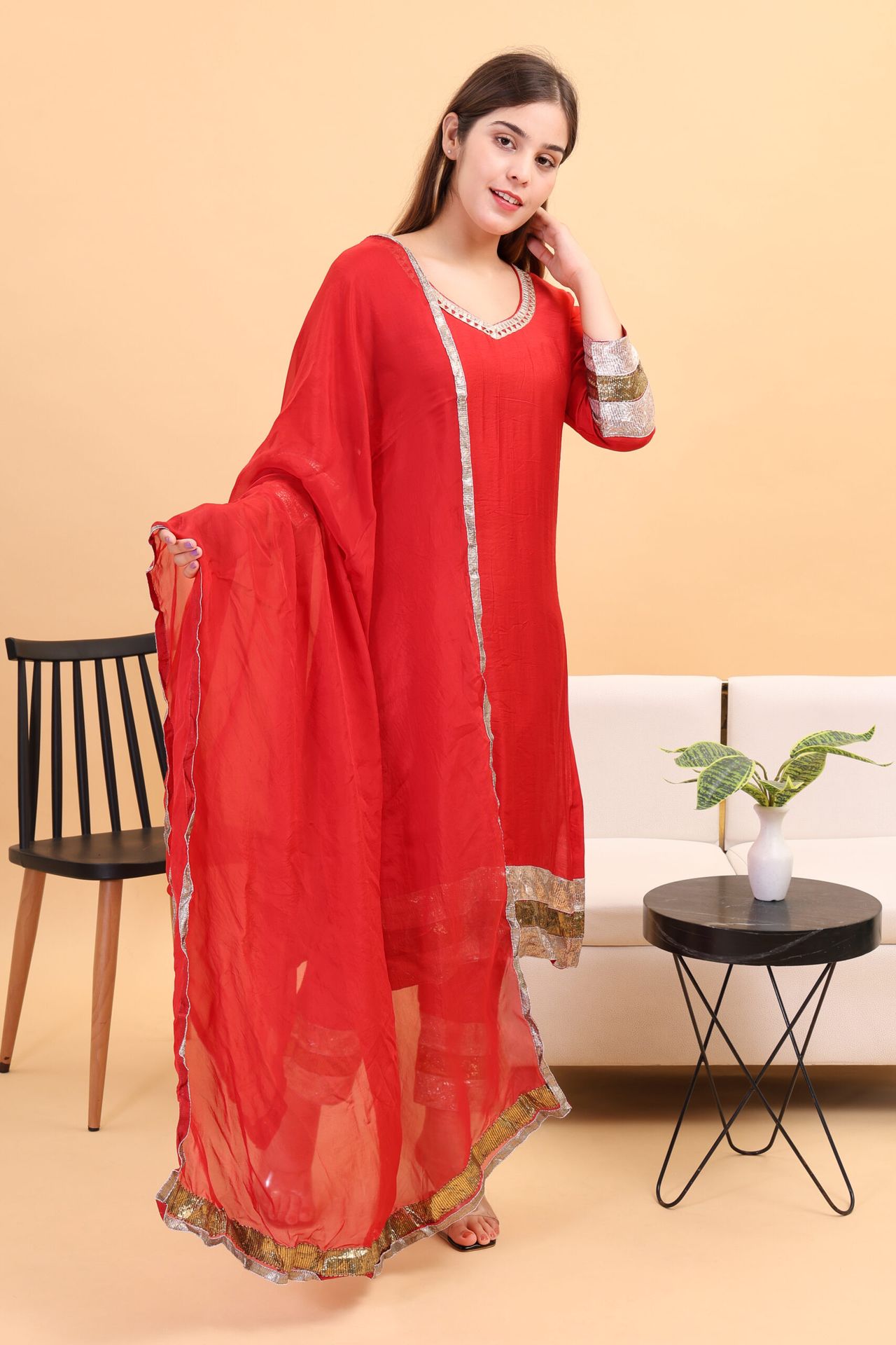 Chanderi Silk Kurta Set With Gota Work And Dupatta image 4