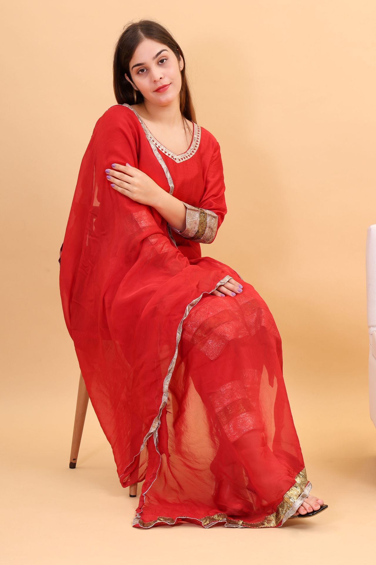 Chanderi Silk Kurta Set With Gota Work And Dupatta image 6