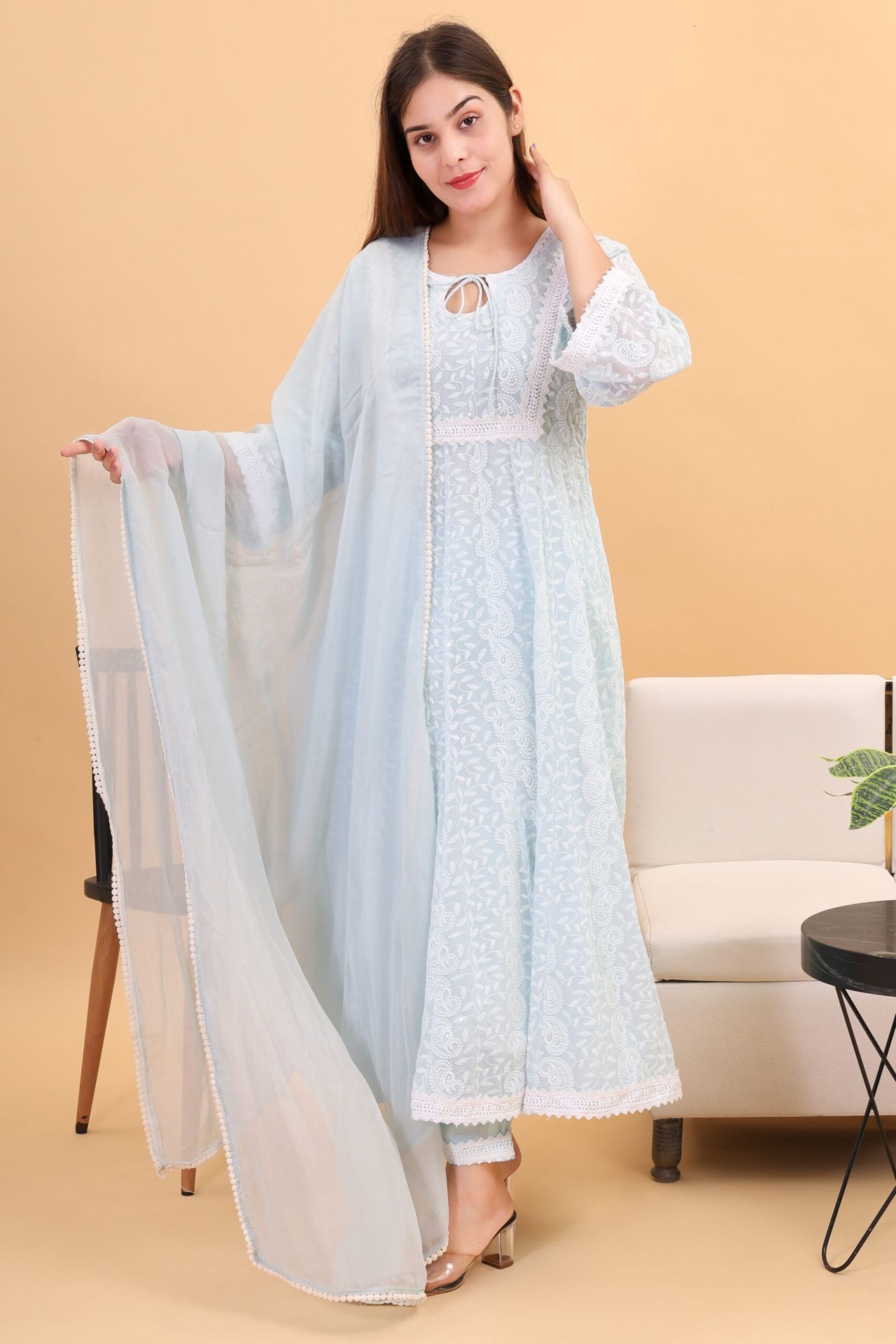 Georgette Chicken Kari Anarkali Kurta Set With Dupatta image 4