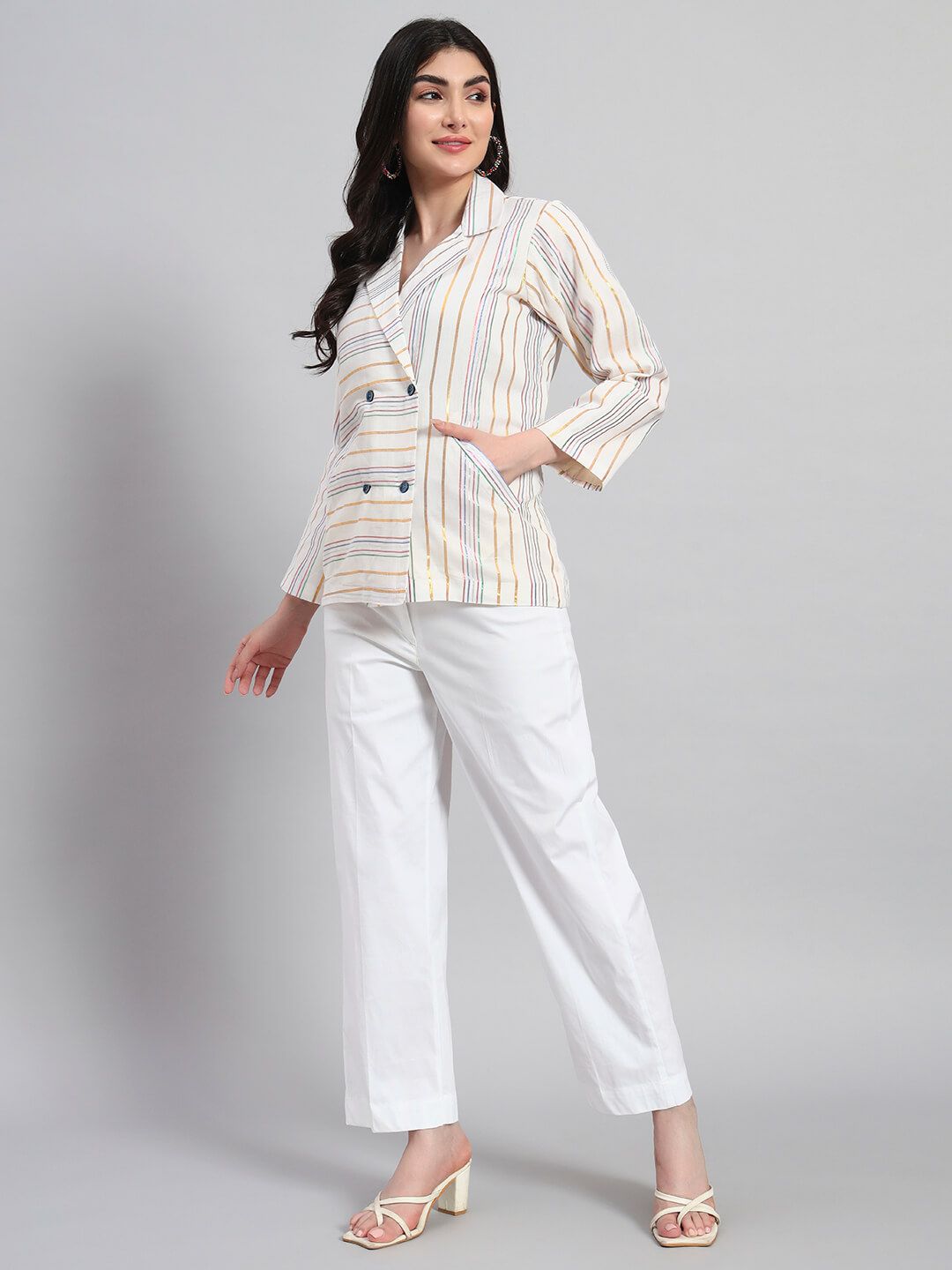 Cotton Stripes Coat With Pant image 5
