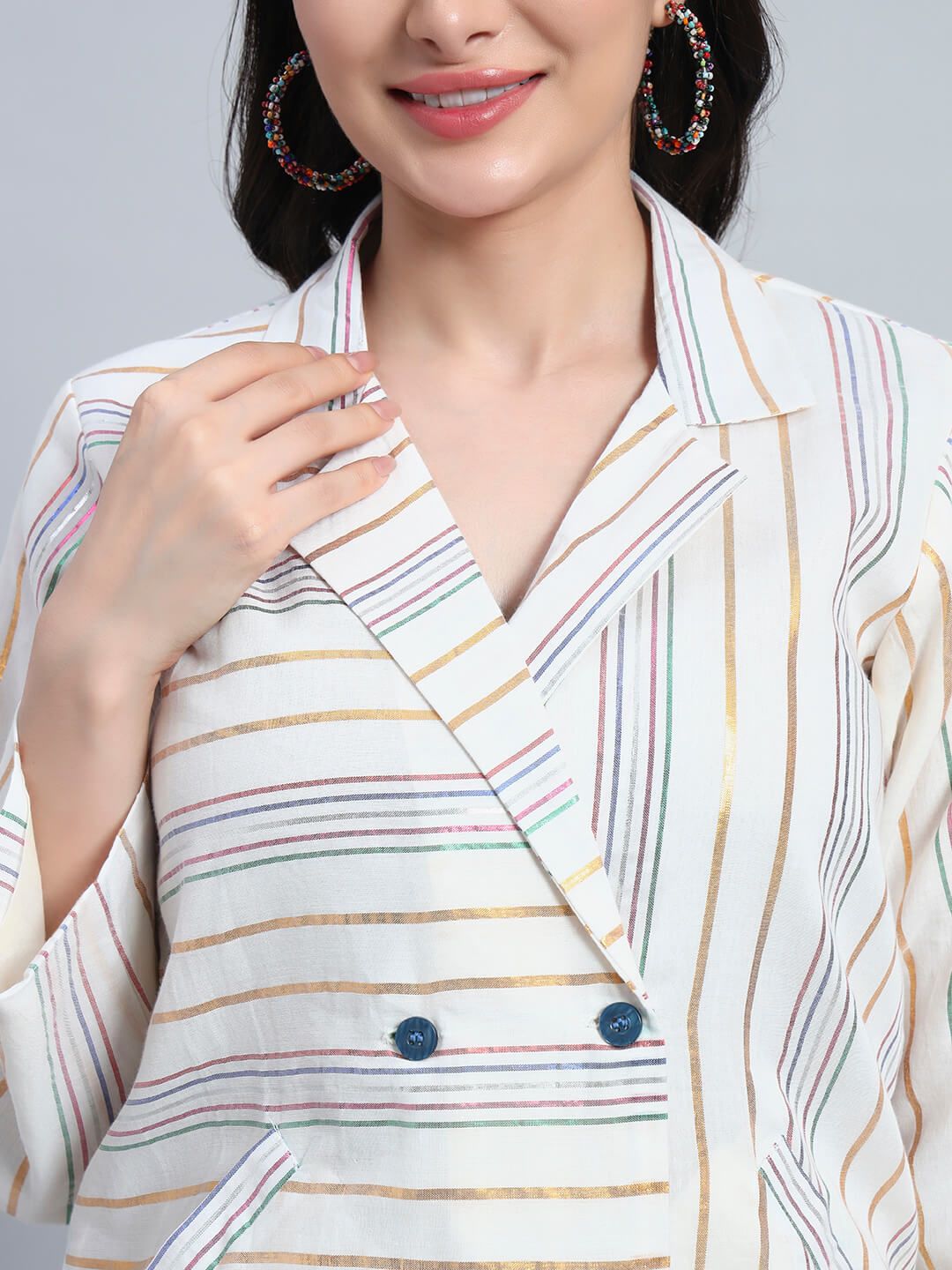Cotton Stripes Coat With Pant image 7