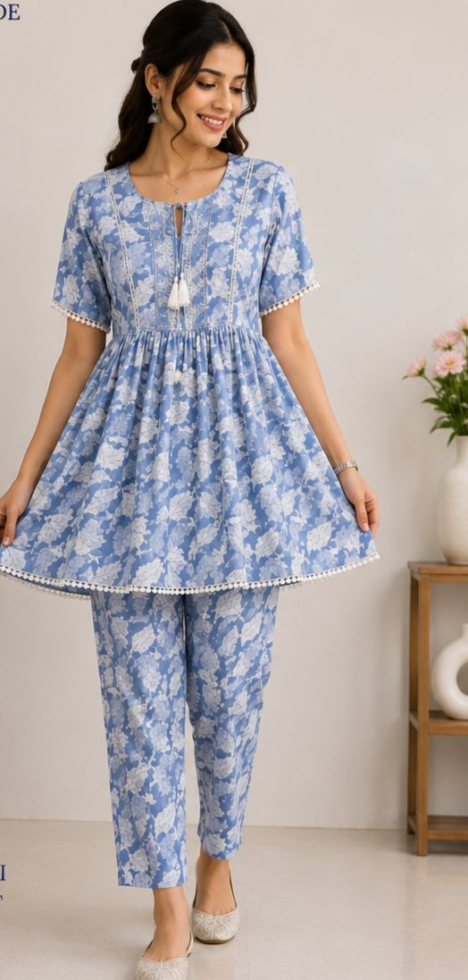 Blue Cotton Anarkali Cordset
