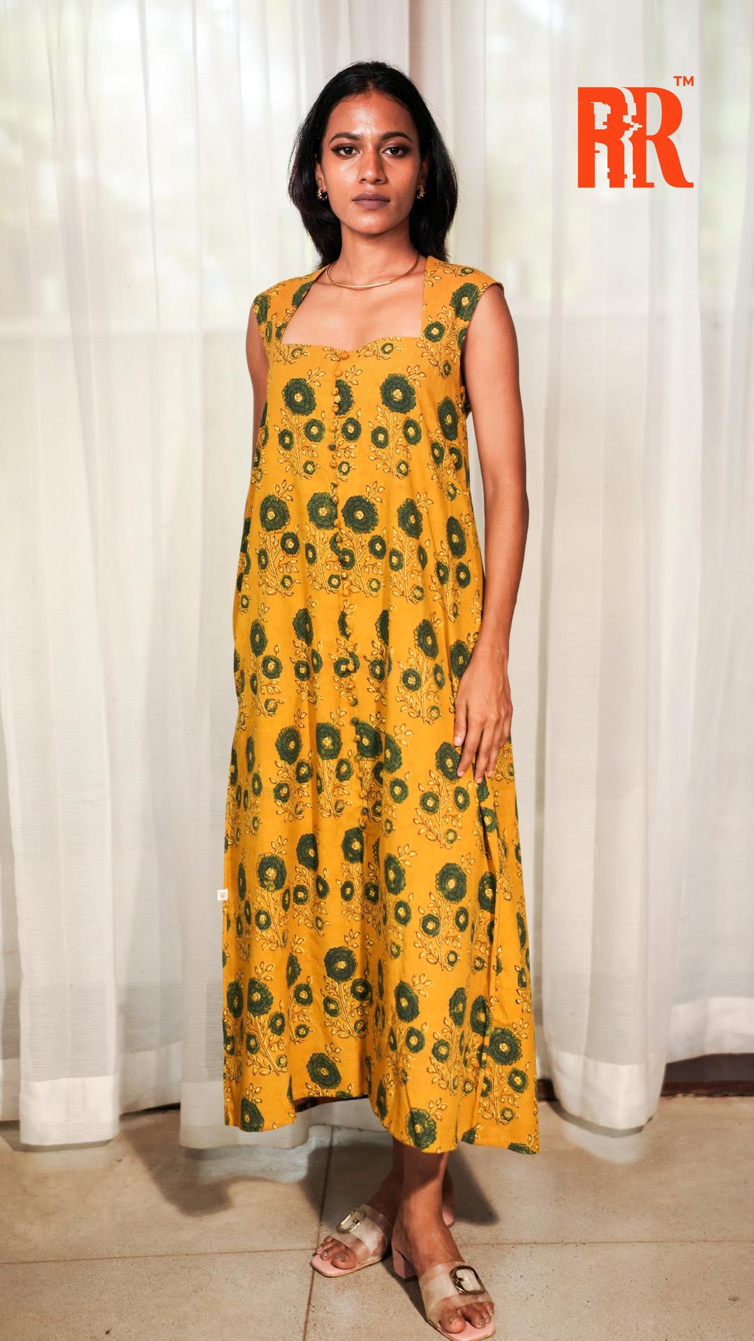 Mustard Yellow Ajrakh Floral Print Dress
