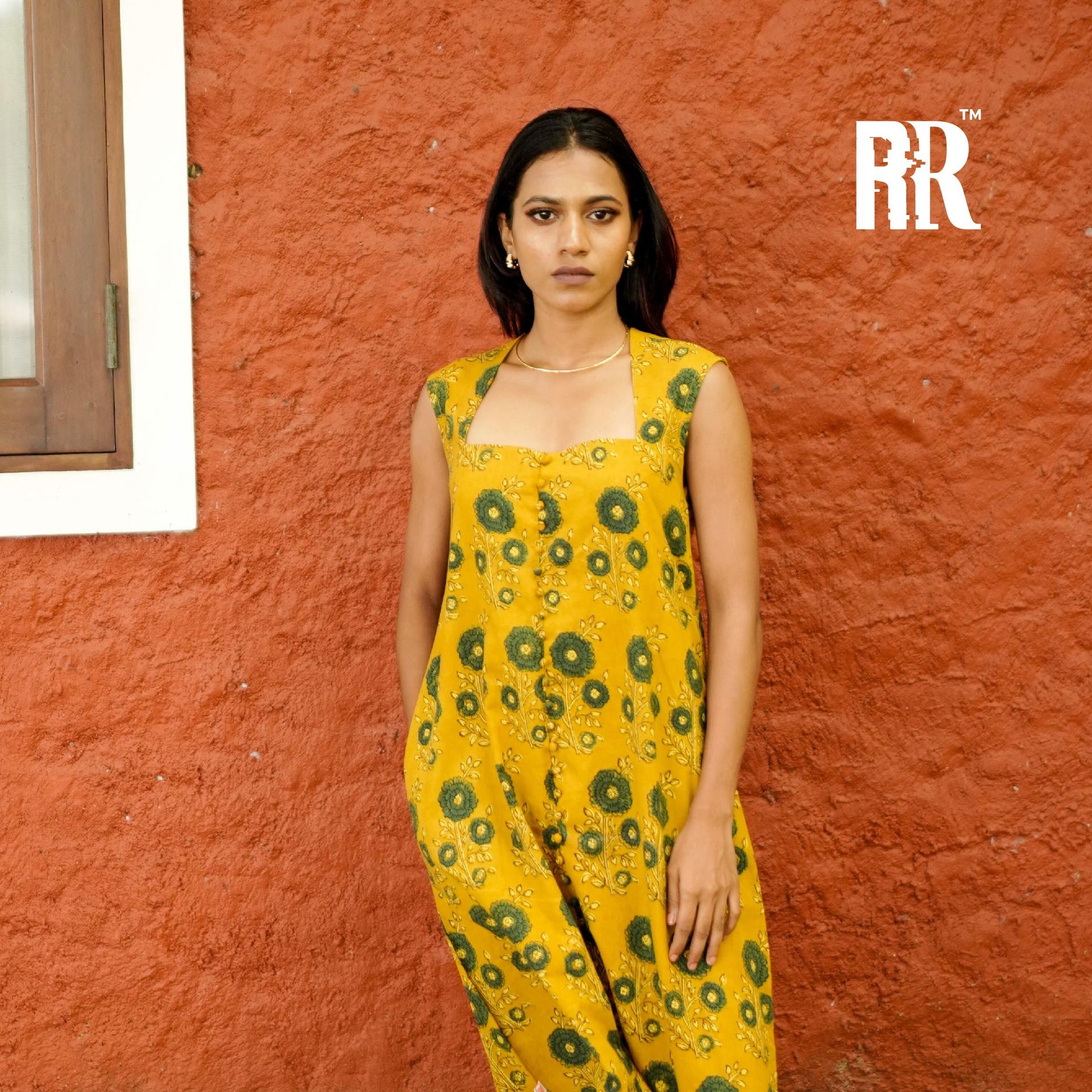 Mustard Yellow Ajrakh Floral Print Dress image 2