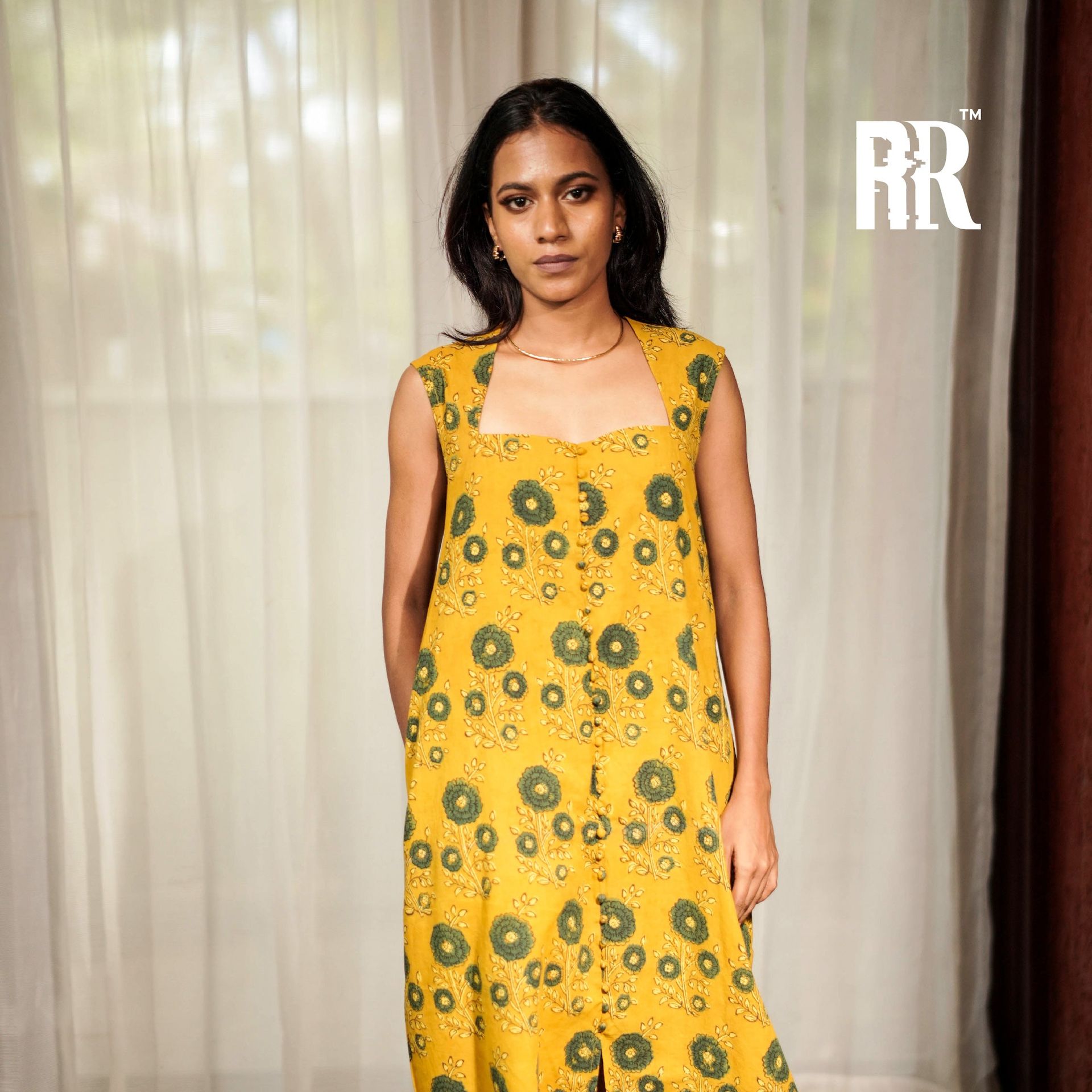 Mustard Yellow Ajrakh Floral Print Dress image 3