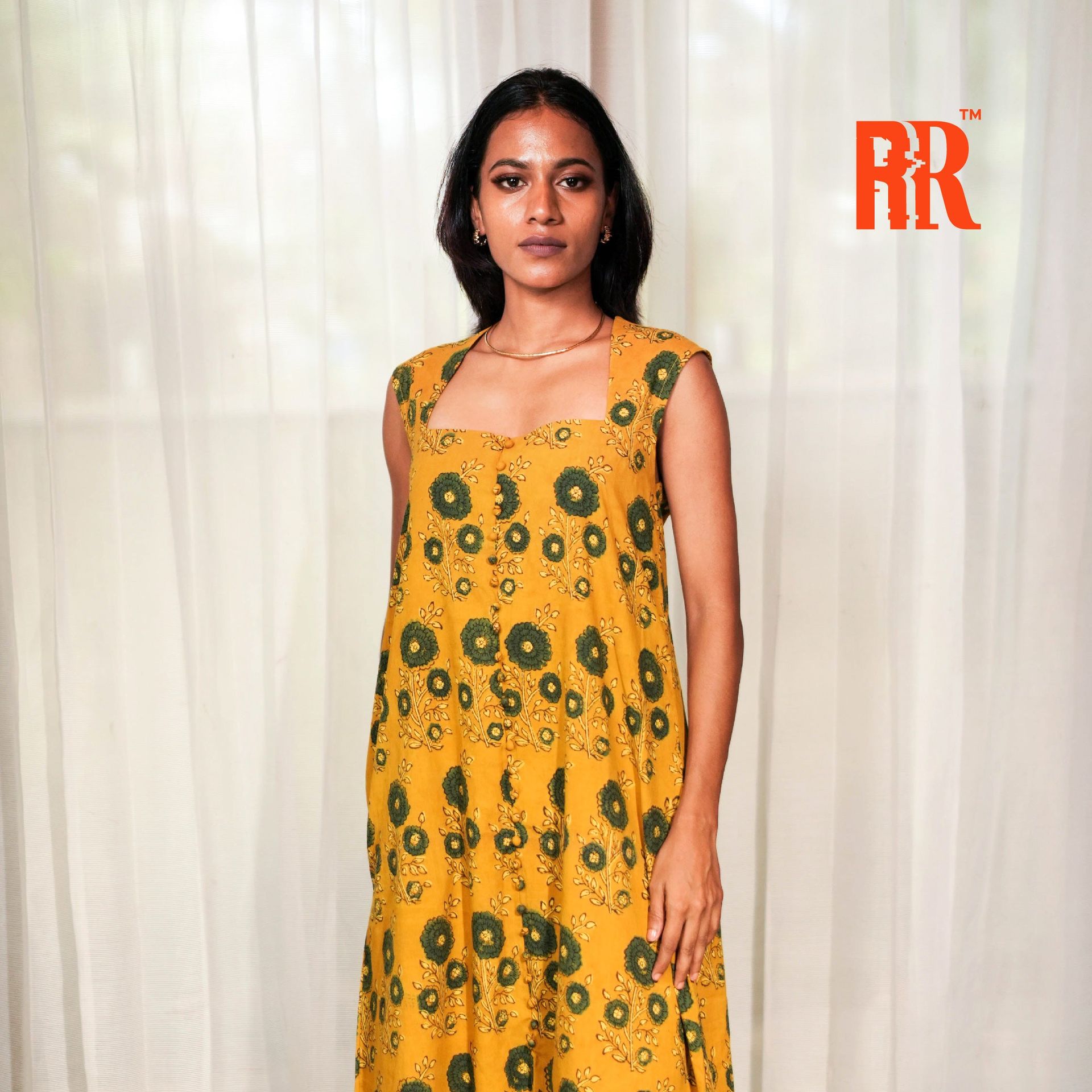 Mustard Yellow Ajrakh Floral Print Dress image 4