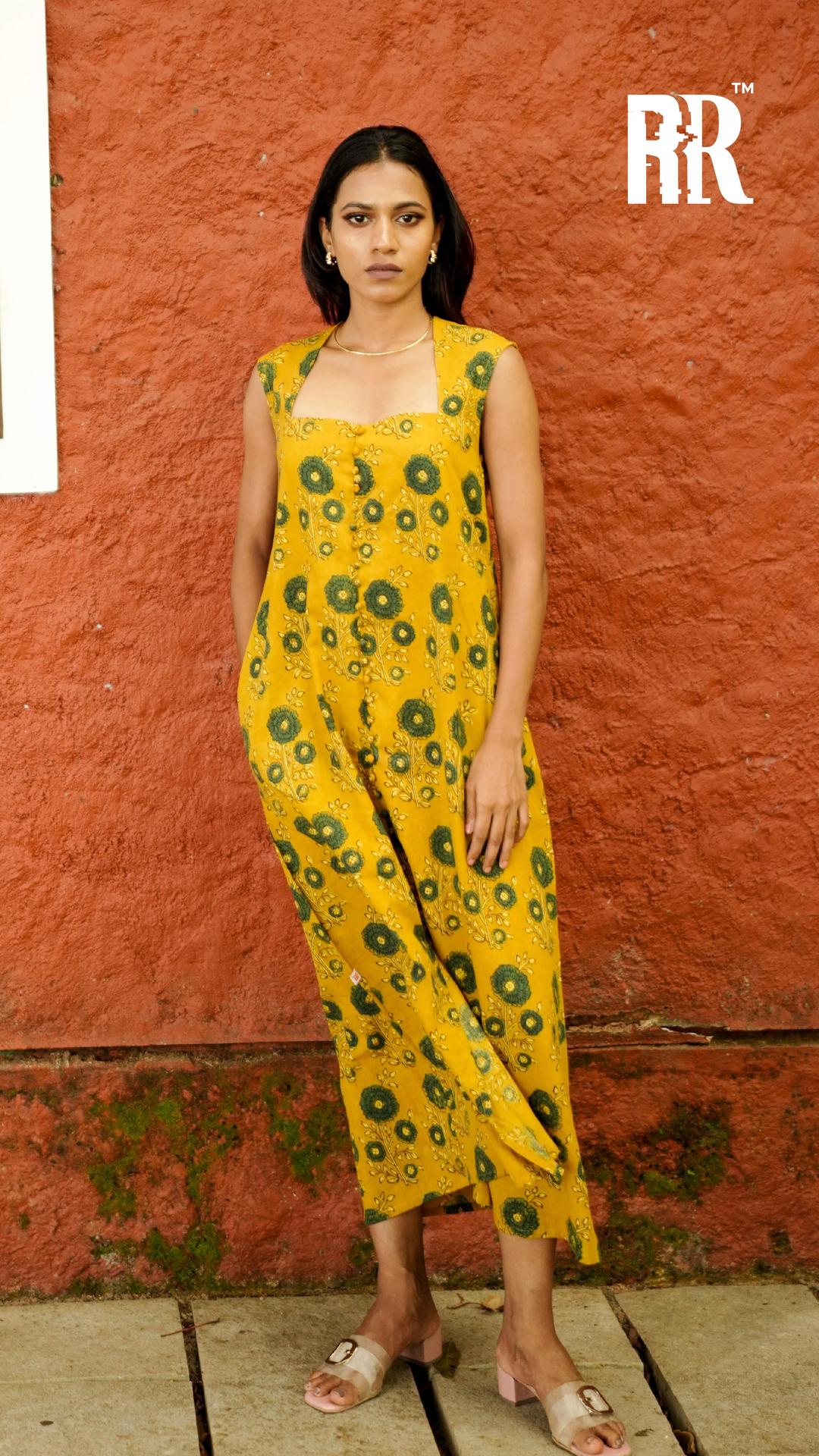 Mustard Yellow Ajrakh Floral Print Dress image 5