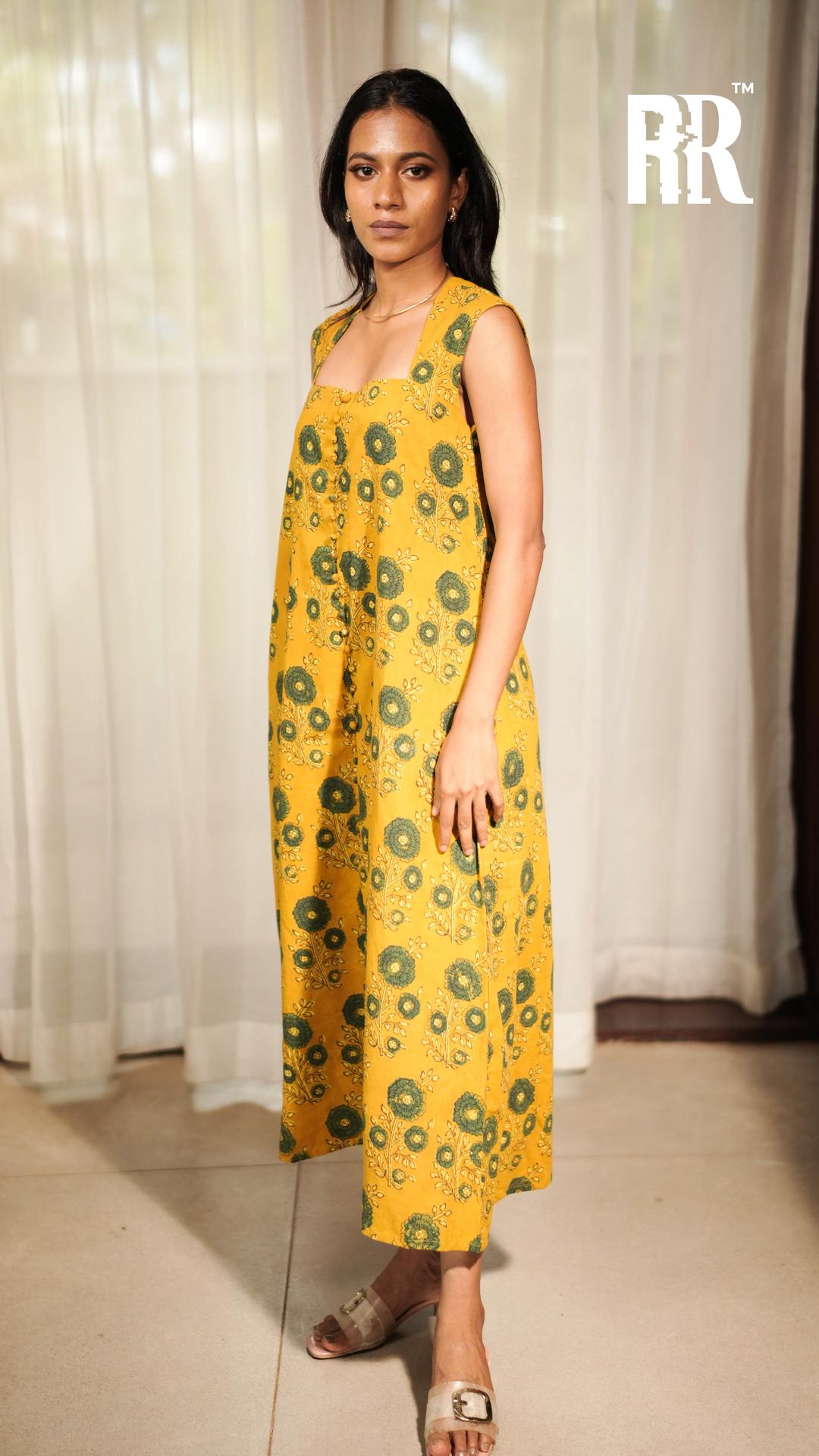 Mustard Yellow Ajrakh Floral Print Dress image 6