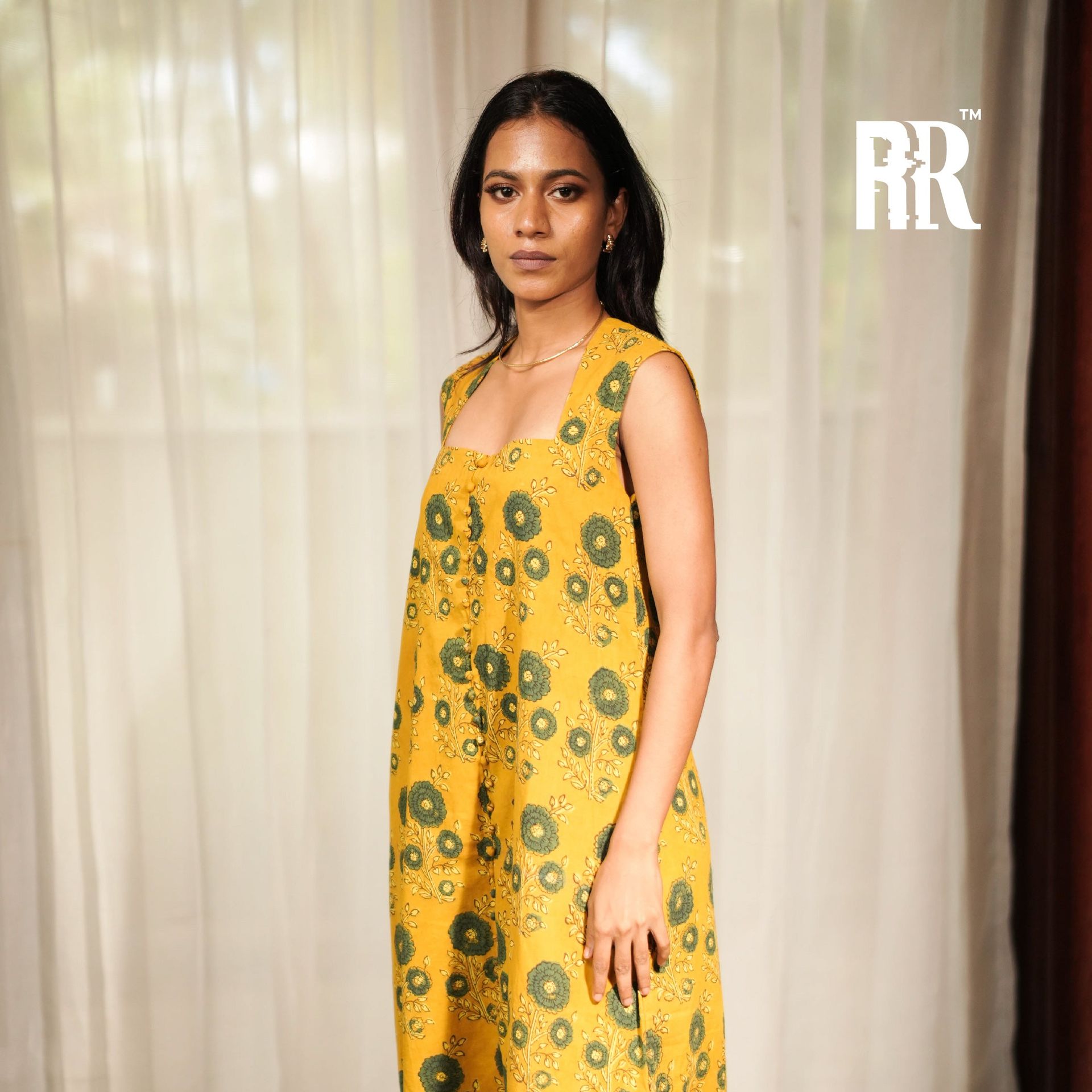 Mustard Yellow Ajrakh Floral Print Dress image 7