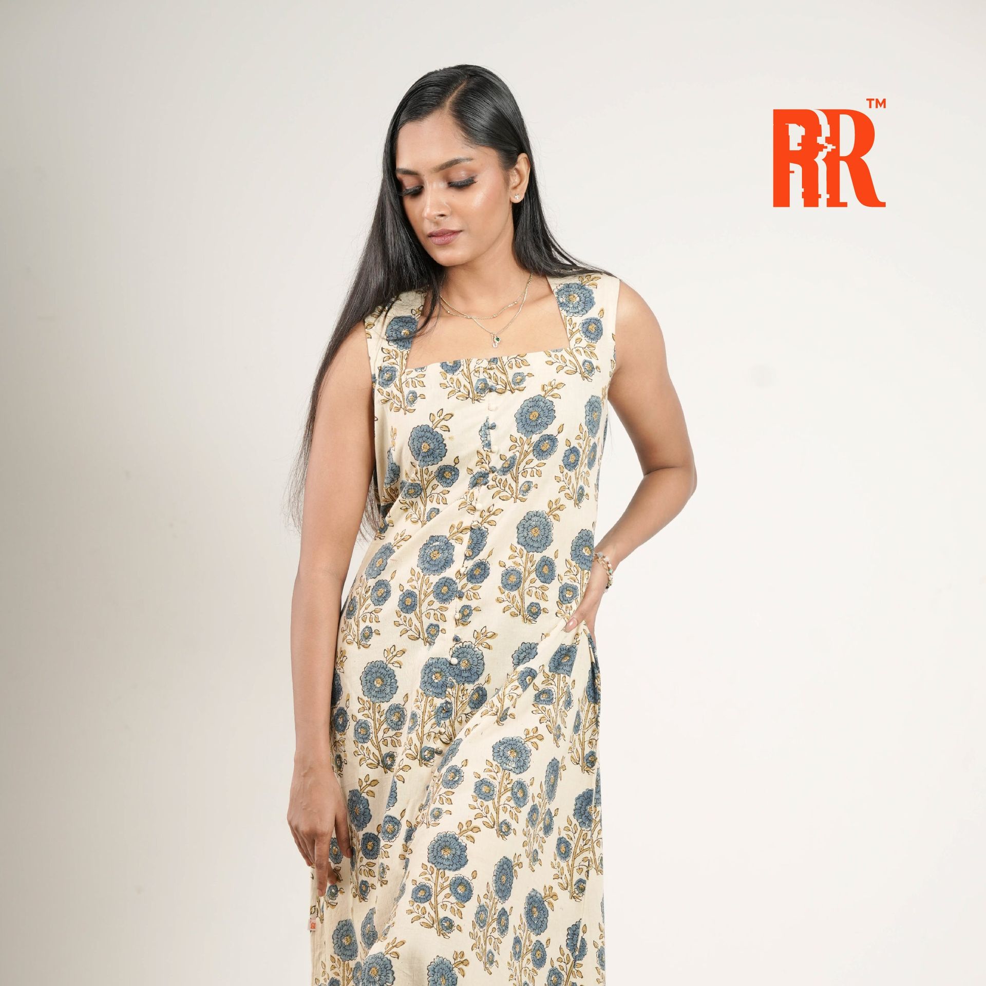 Off-white Ajrakh Floral Print Dress image 2