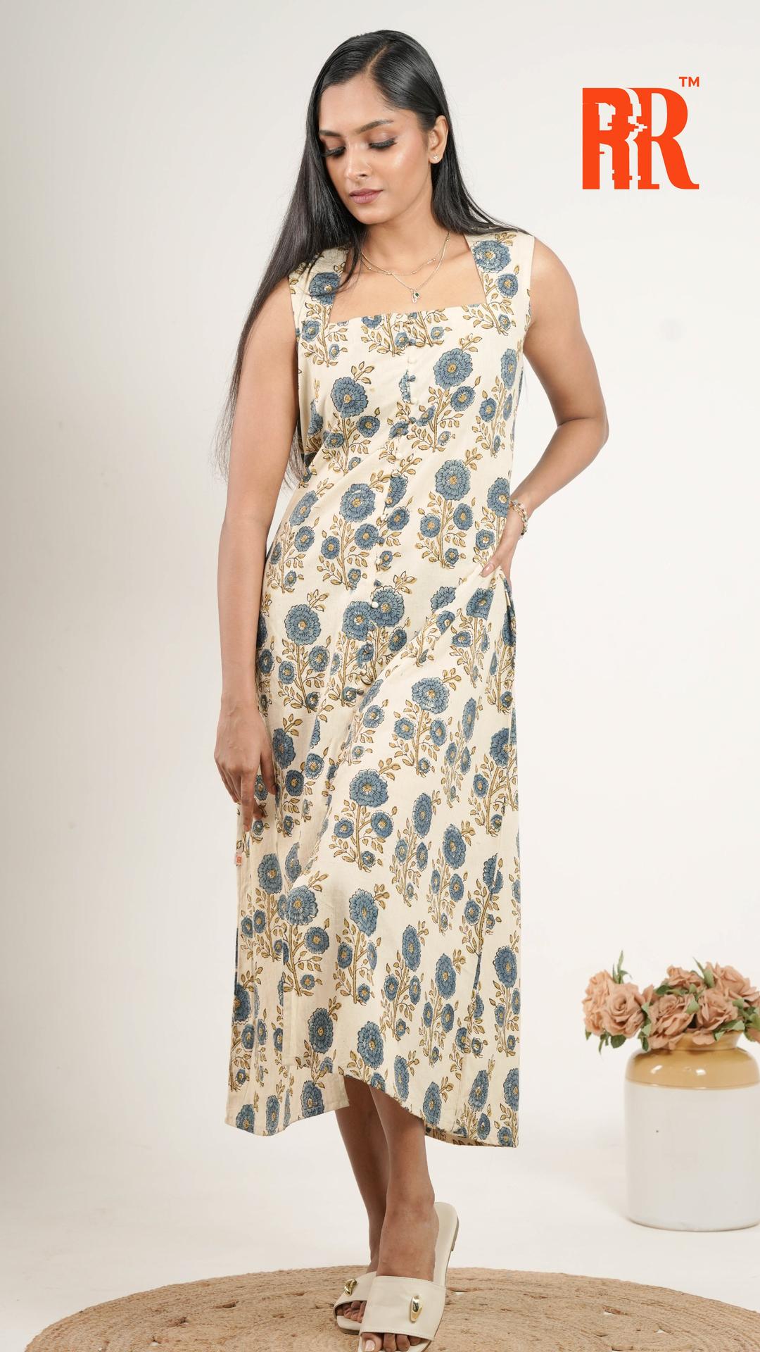 Off-white Ajrakh Floral Print Dress image 3
