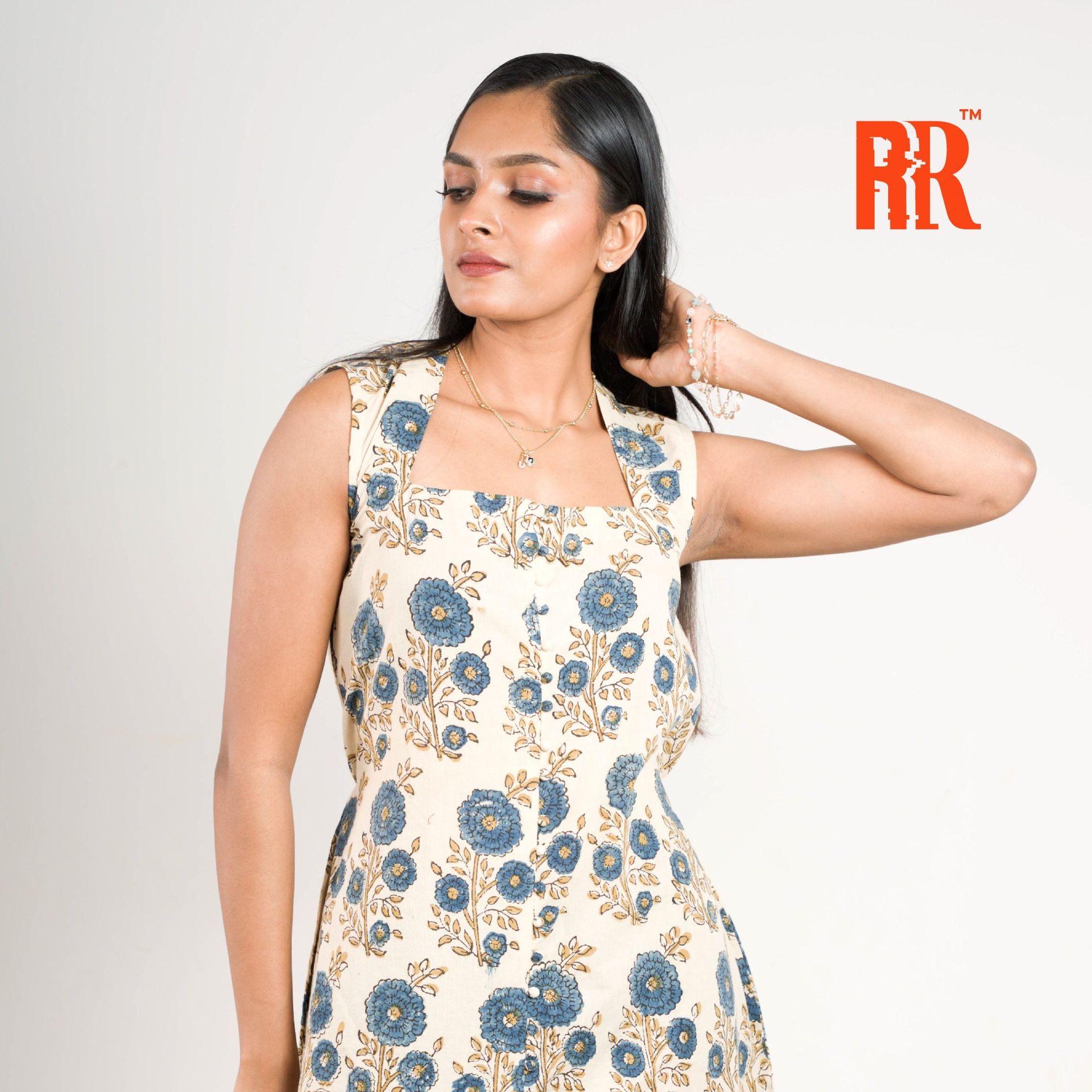 Off-white Ajrakh Floral Print Dress image 5