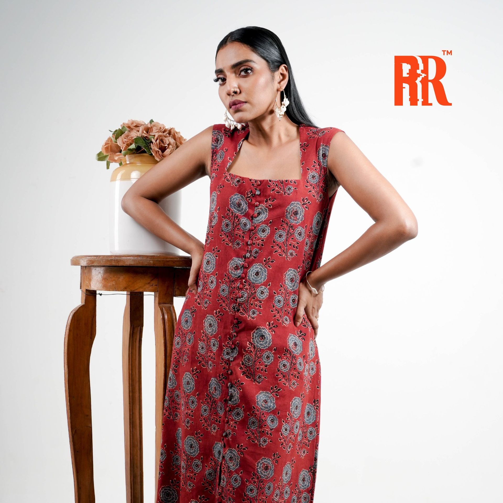 Maroon Red Ajrakh Floral Print Dress