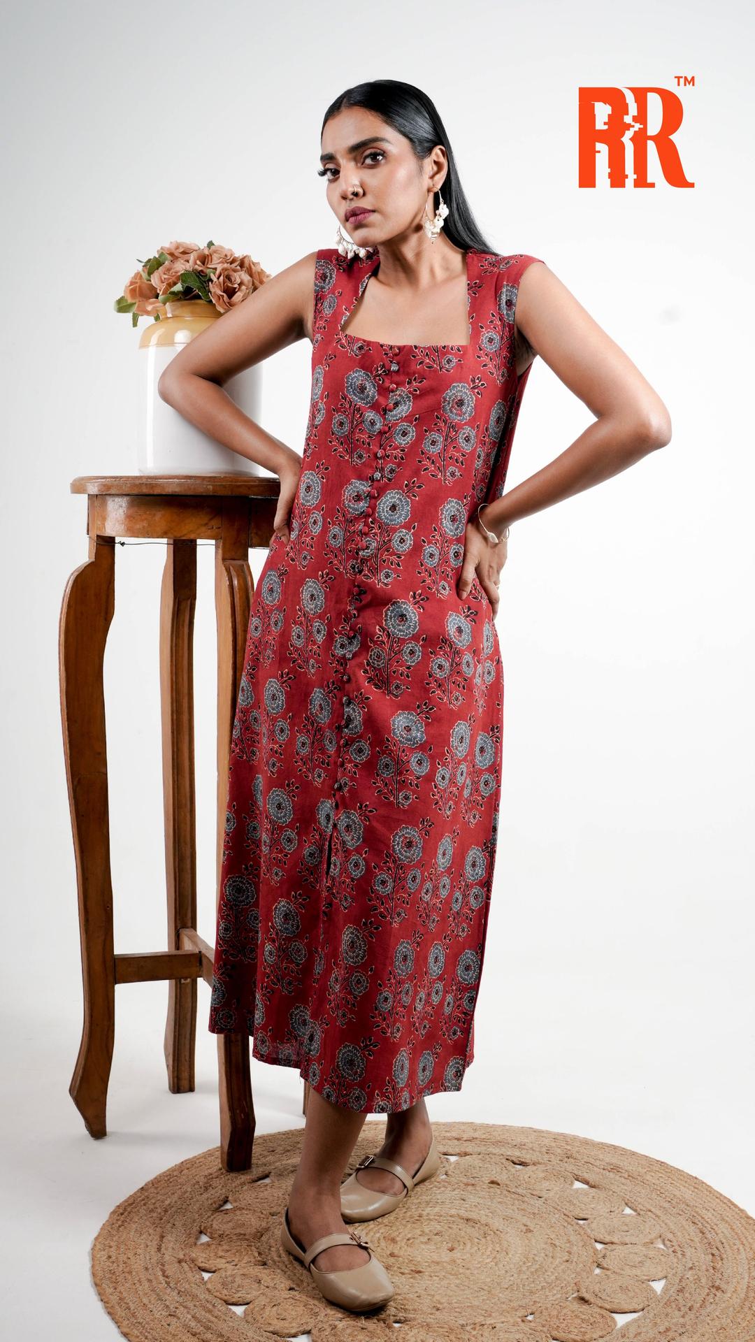 Maroon Red Ajrakh Floral Print Dress image 2