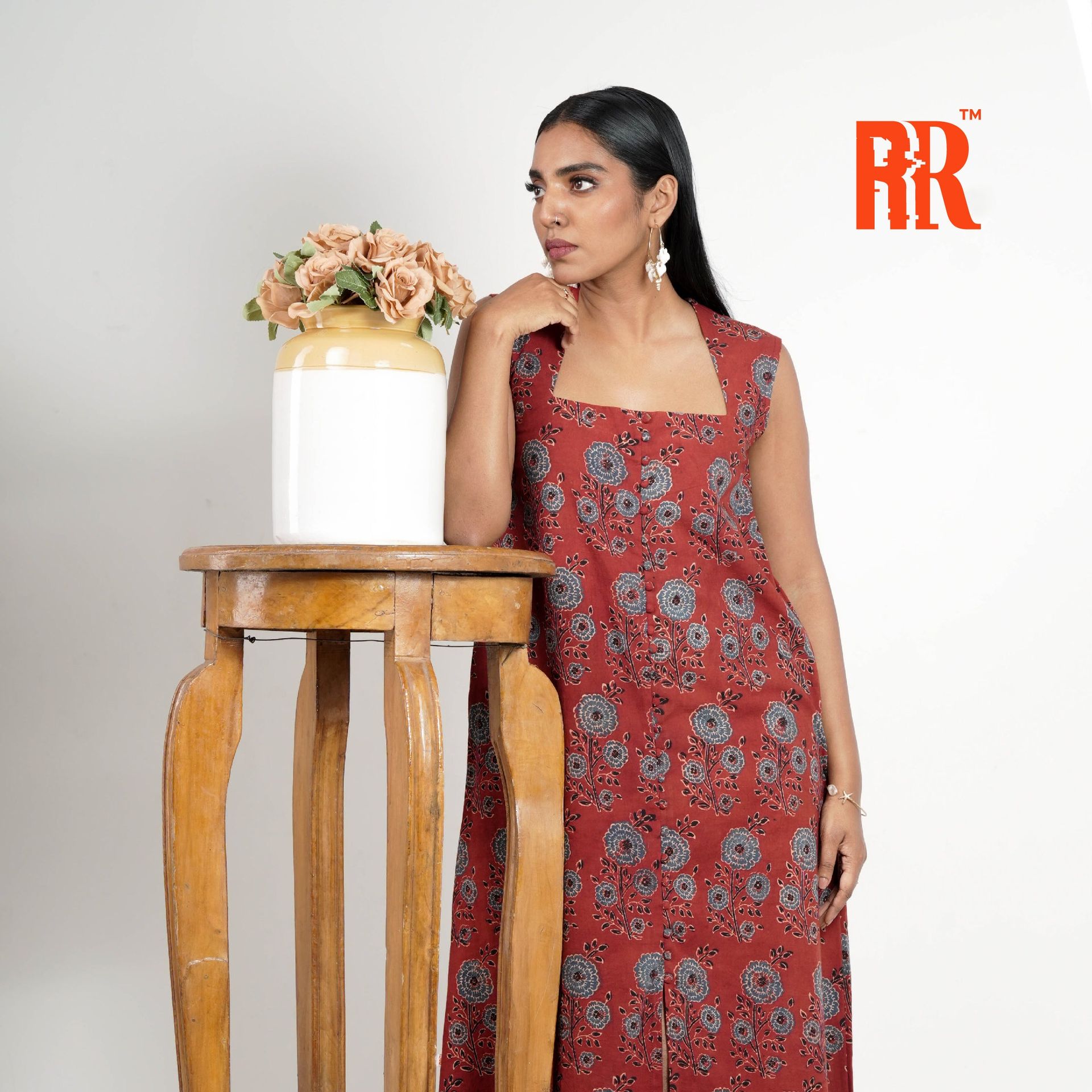 Maroon Red Ajrakh Floral Print Dress image 3