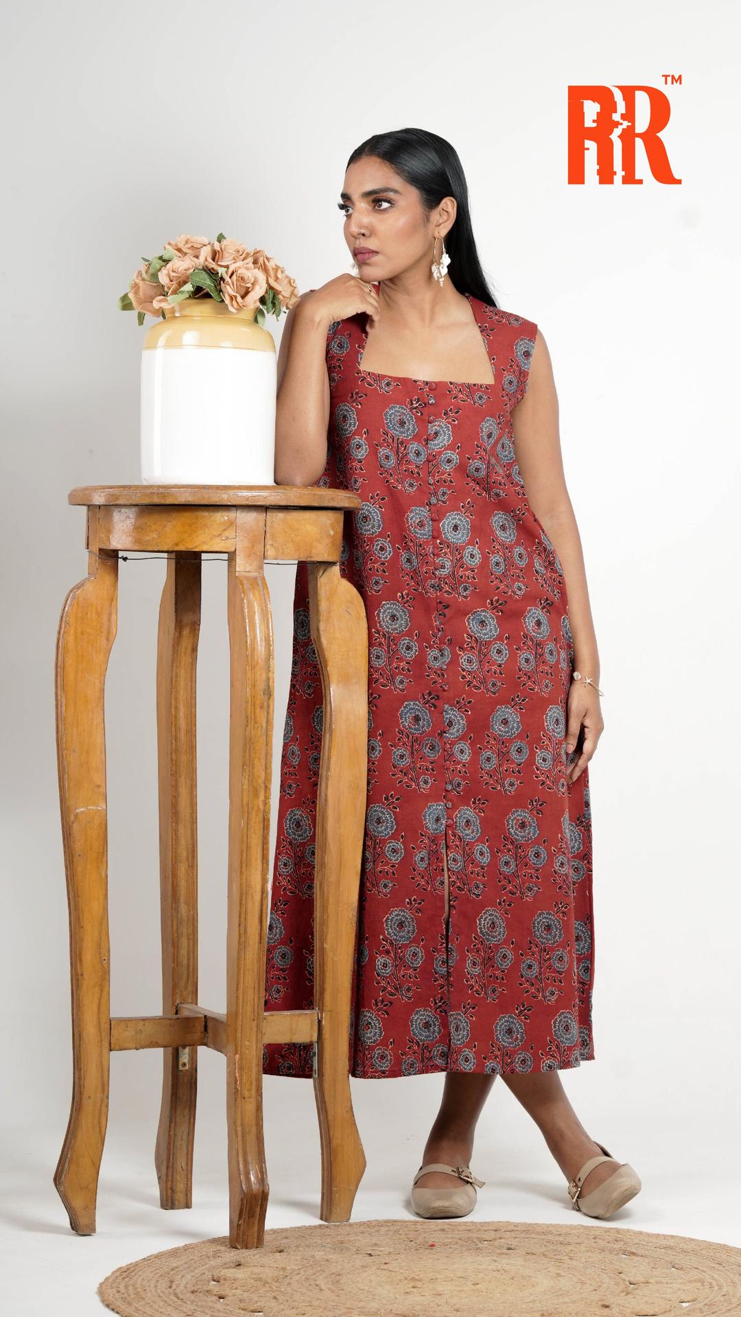 Maroon Red Ajrakh Floral Print Dress image 4