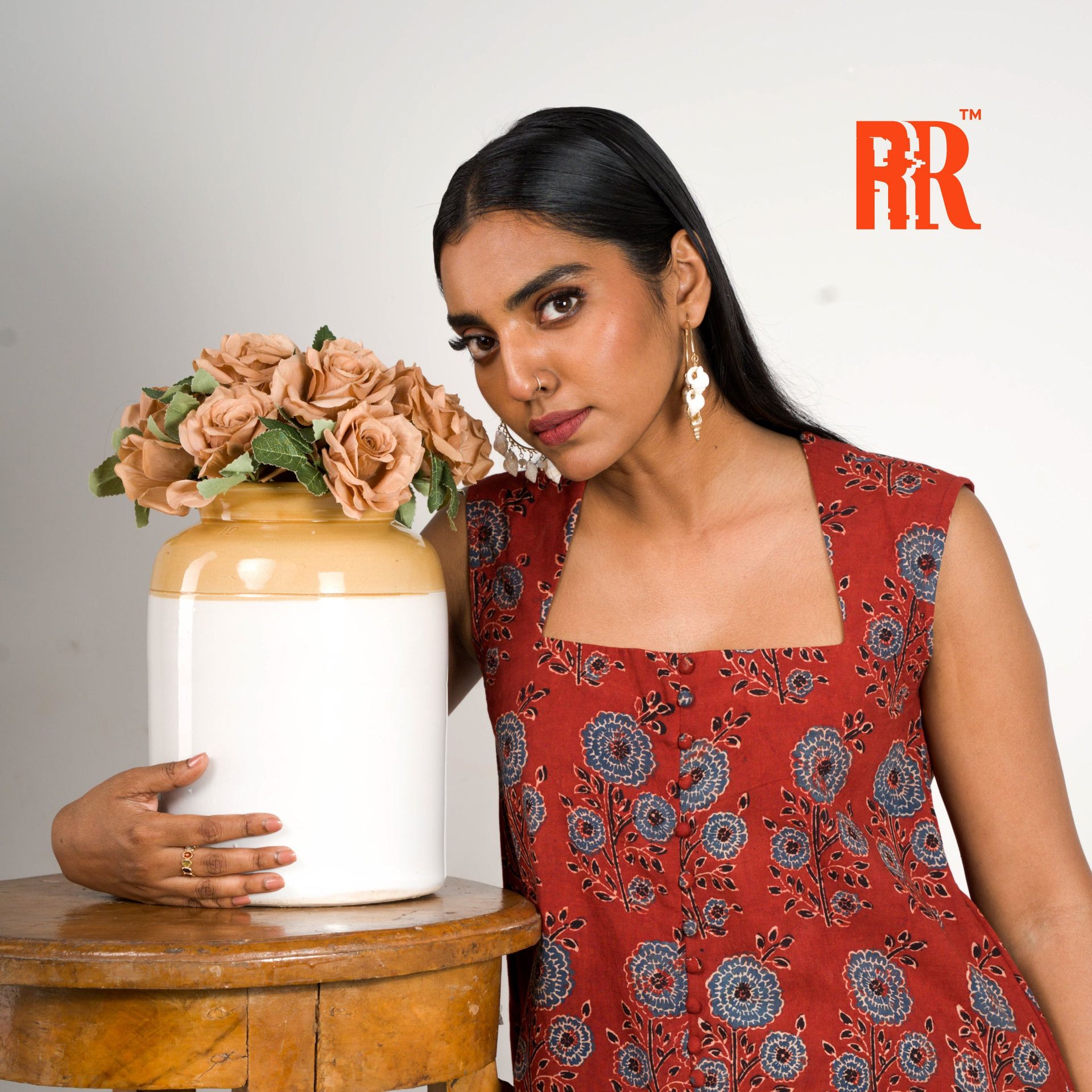 Maroon Red Ajrakh Floral Print Dress image 5