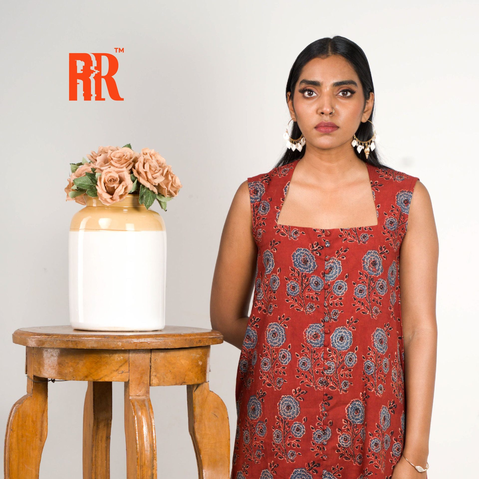 Maroon Red Ajrakh Floral Print Dress image 6