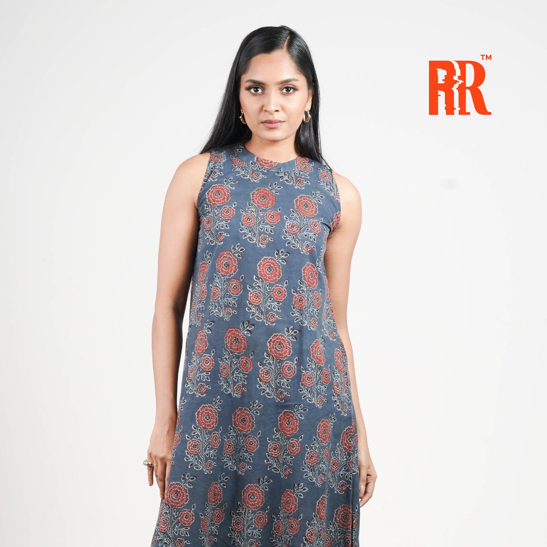 Blue Ajrakh Closed Collar Floral Print Dress