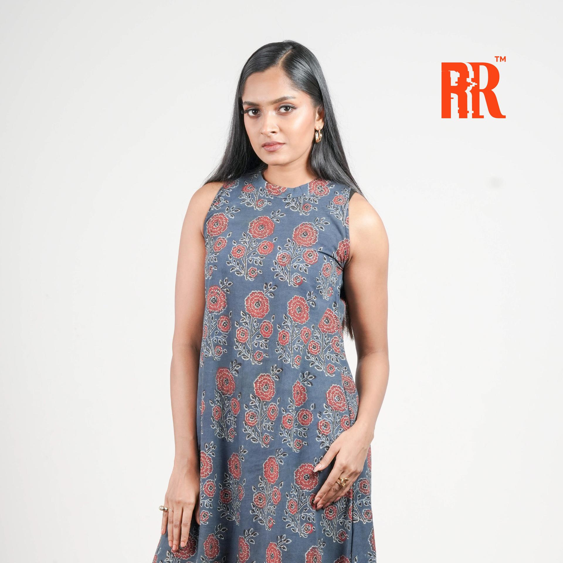 Blue Ajrakh Closed Collar Floral Print Dress image 2