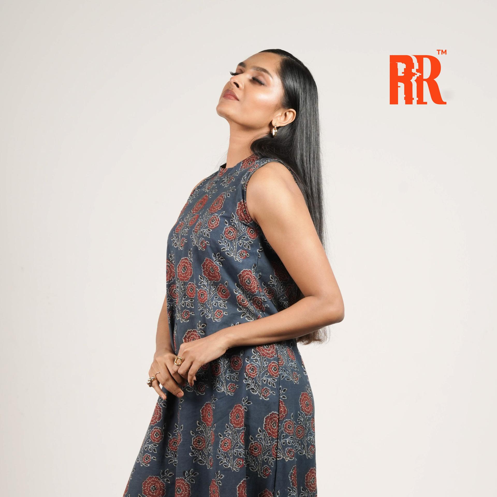 Blue Ajrakh Closed Collar Floral Print Dress image 3