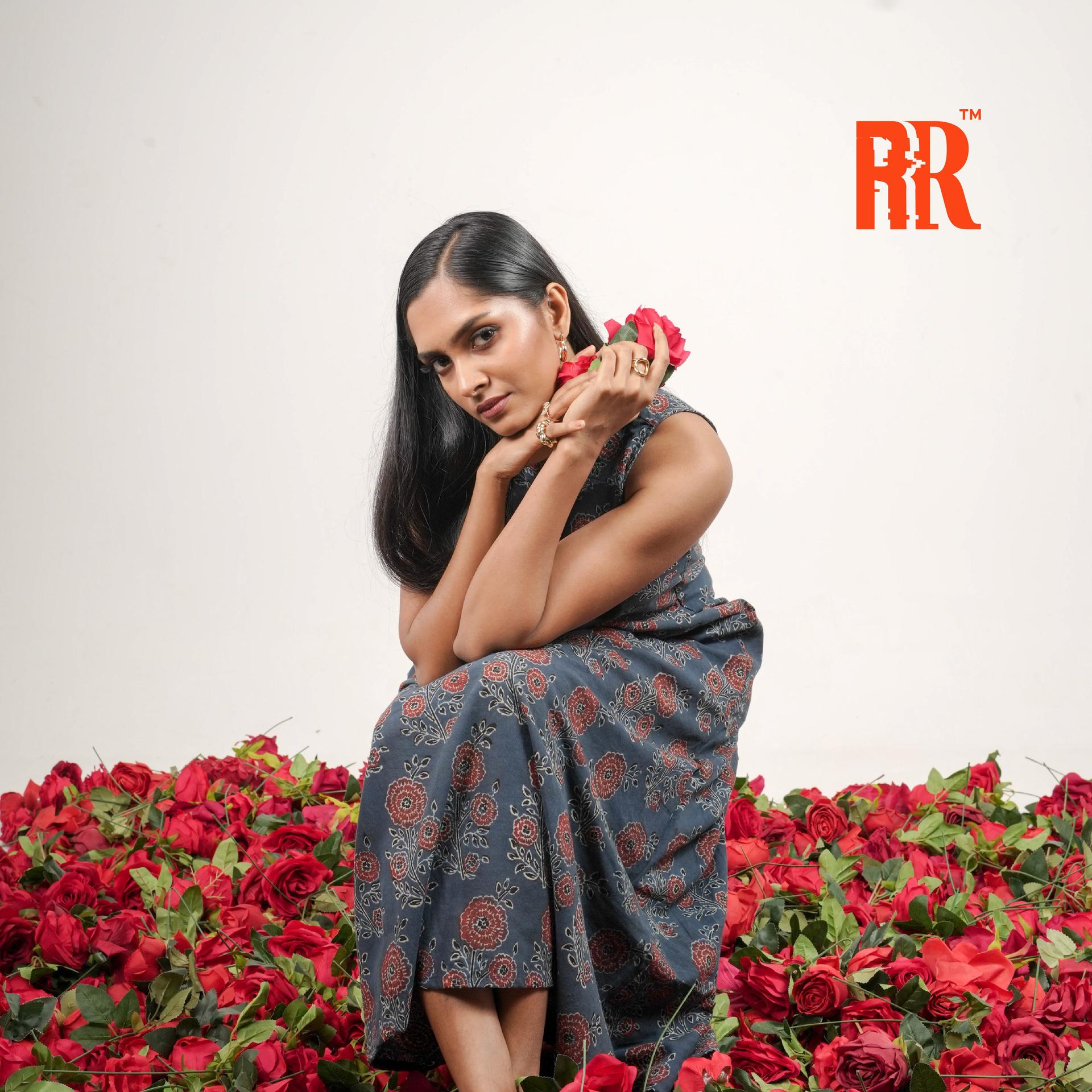Blue Ajrakh Closed Collar Floral Print Dress image 4