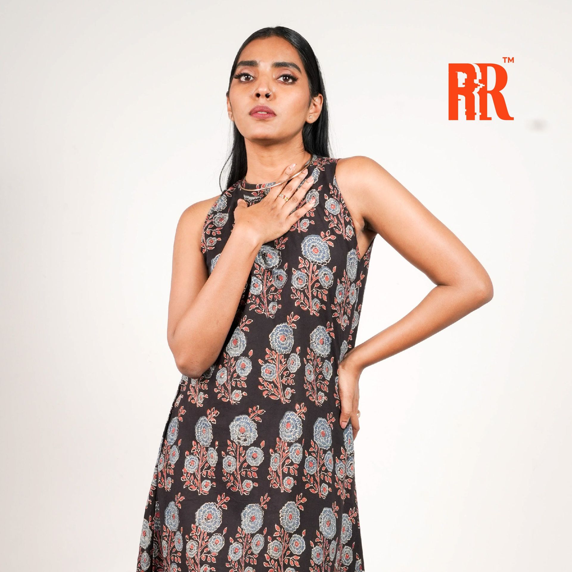 Black Ajrakh Closed Collar Floral Print Dress