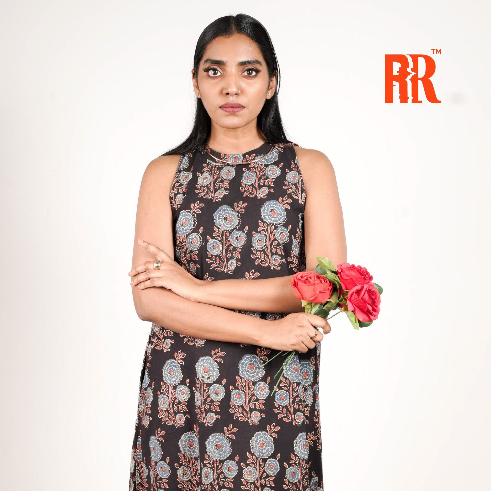 Black Ajrakh Closed Collar Floral Print Dress image 3