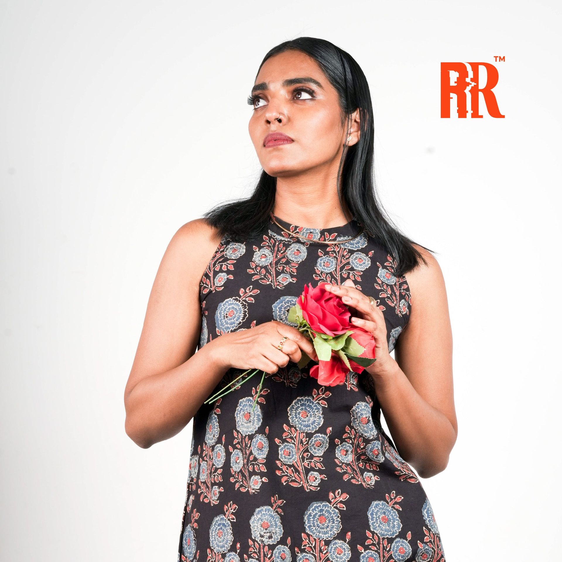 Black Ajrakh Closed Collar Floral Print Dress image 5