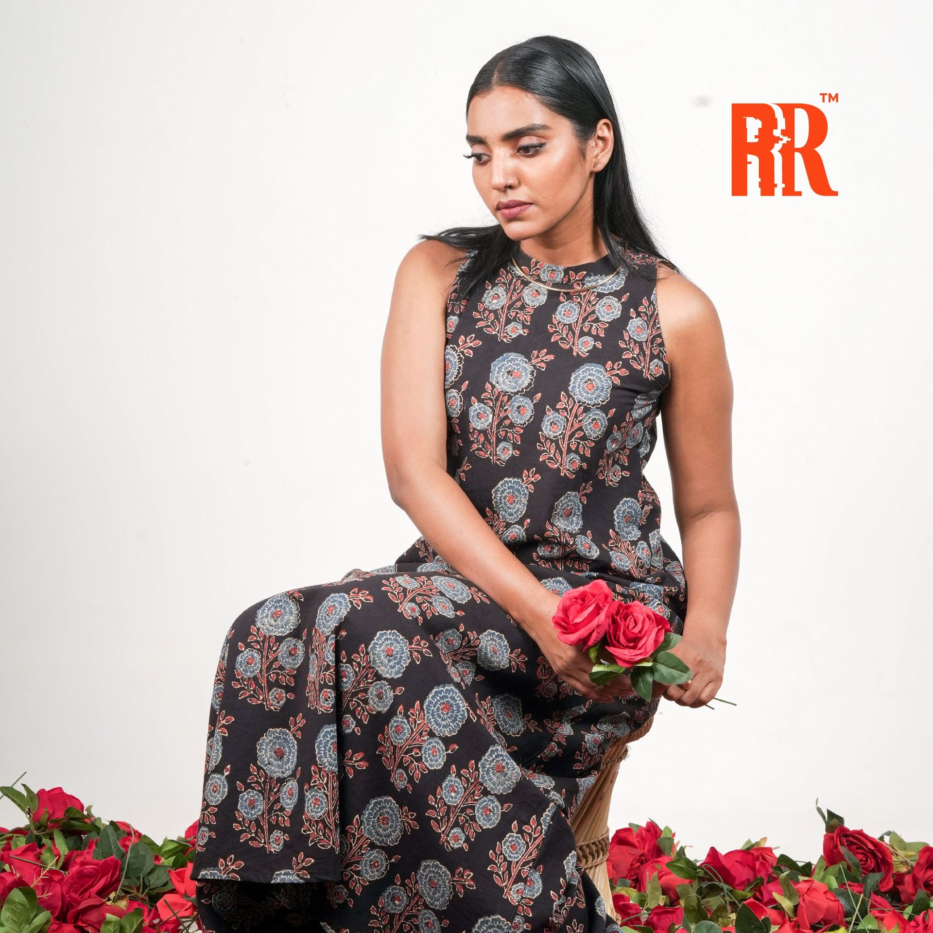 Black Ajrakh Closed Collar Floral Print Dress image 6