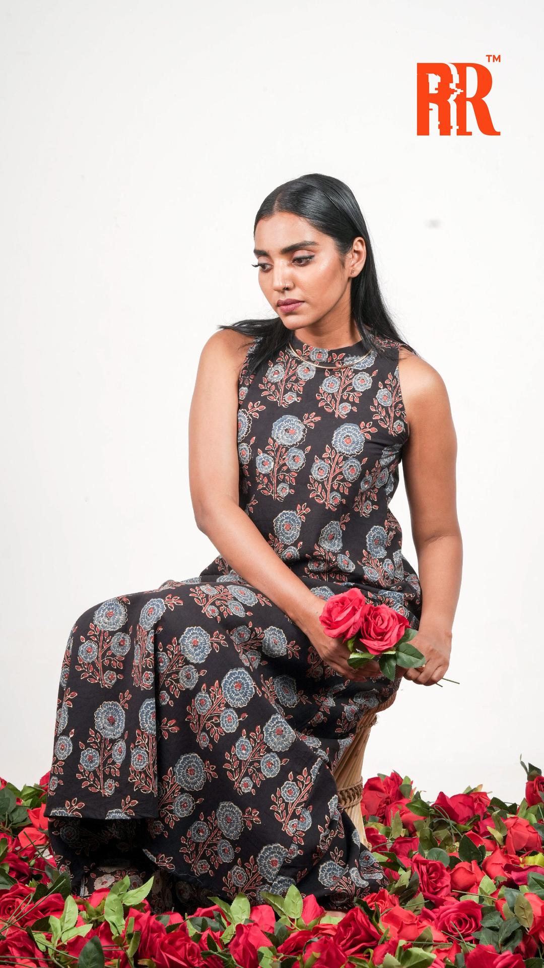 Black Ajrakh Closed Collar Floral Print Dress image 7