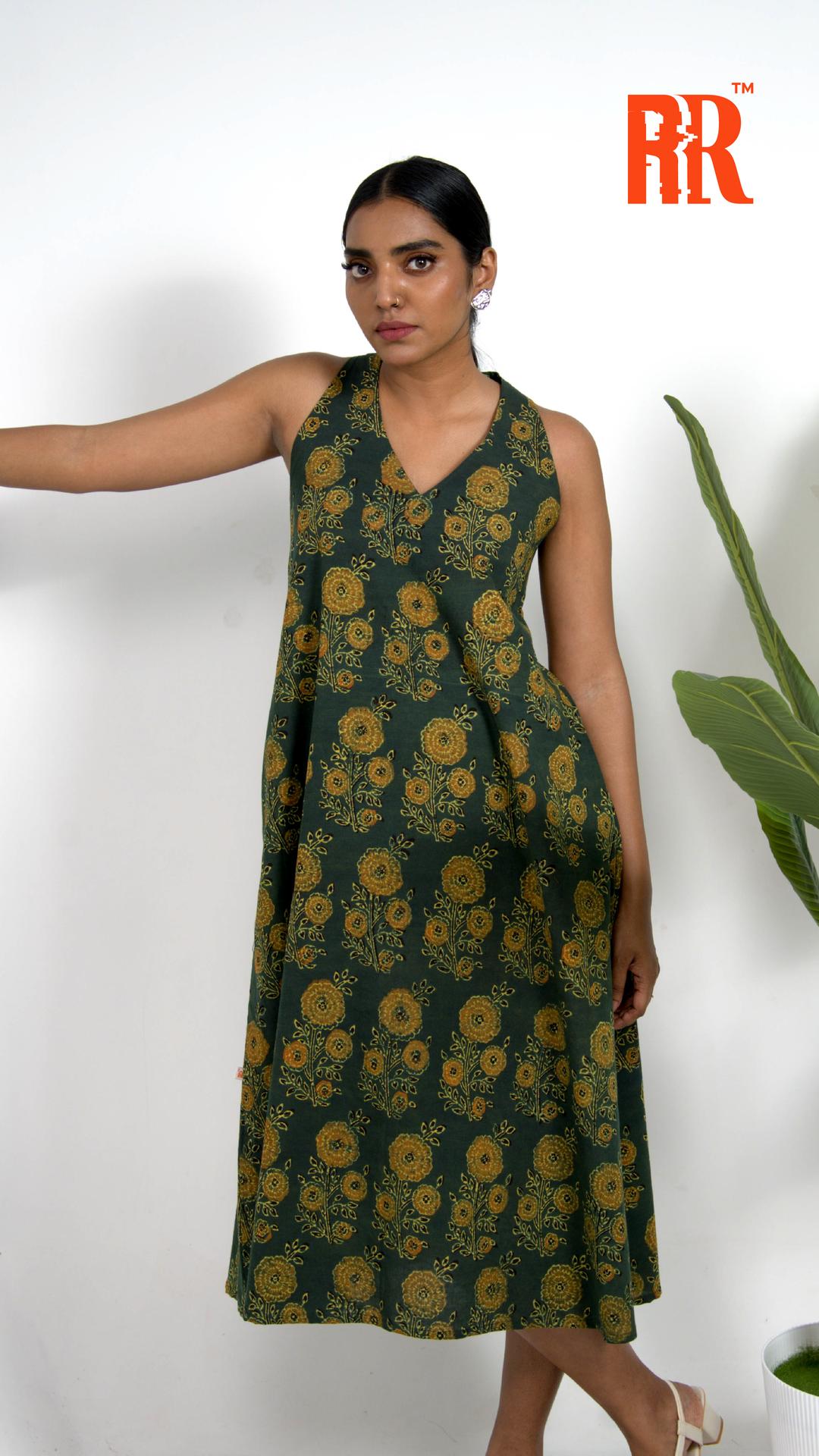 Green Ajrakh Floral Print Dress