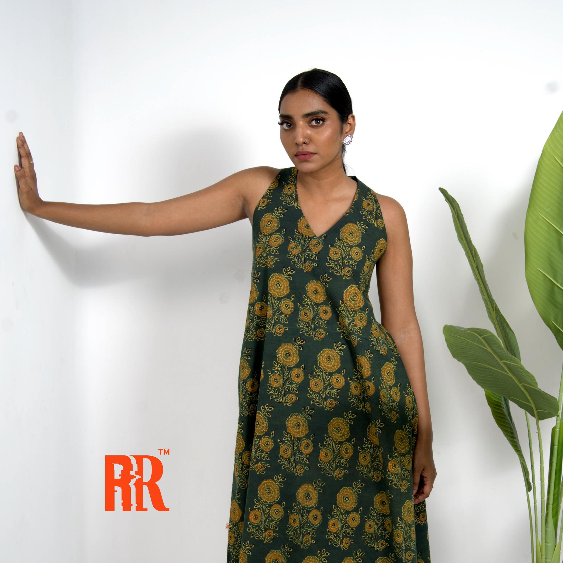 Green Ajrakh Floral Print Dress image 2