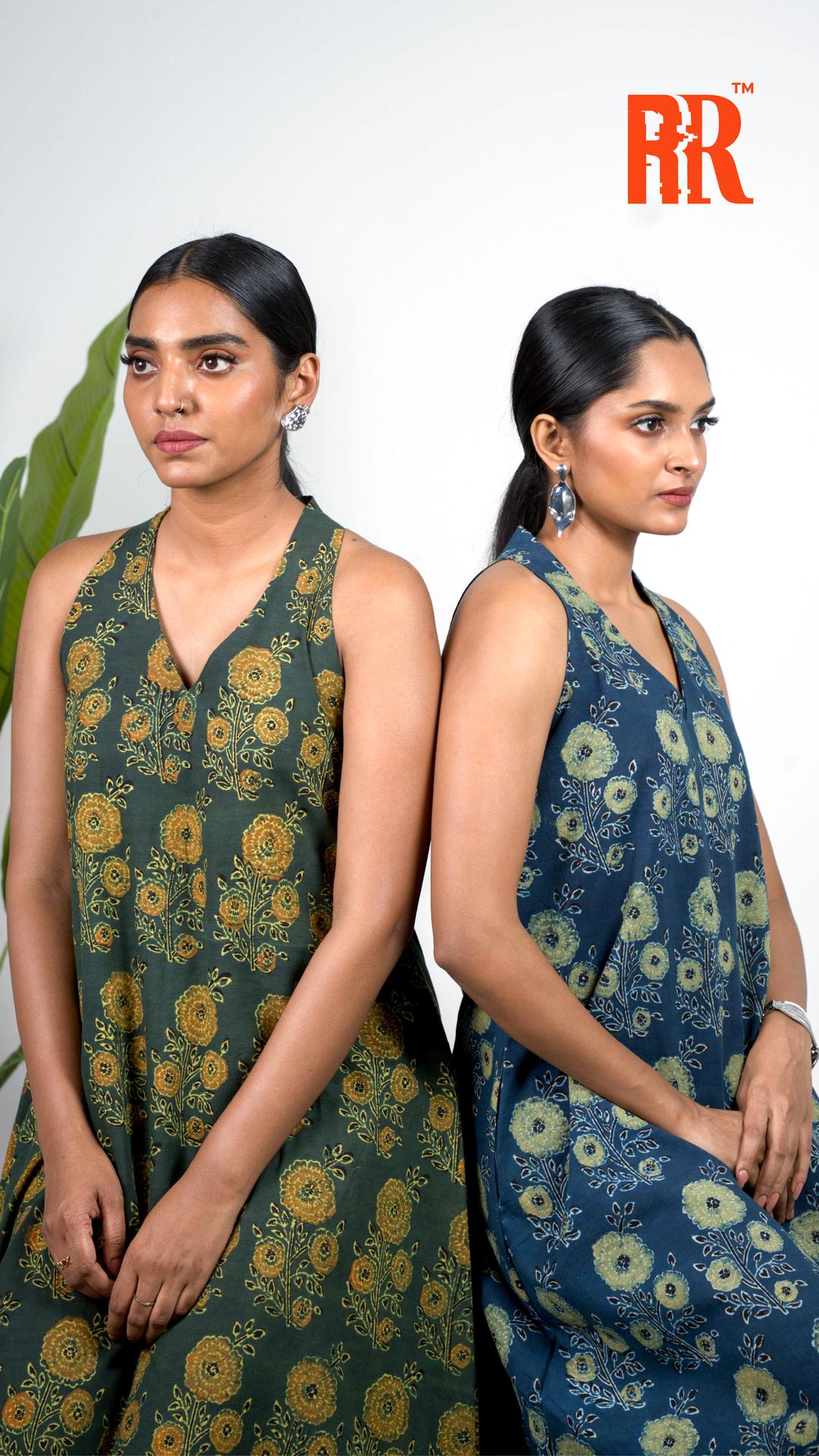 Green Ajrakh Floral Print Dress image 3