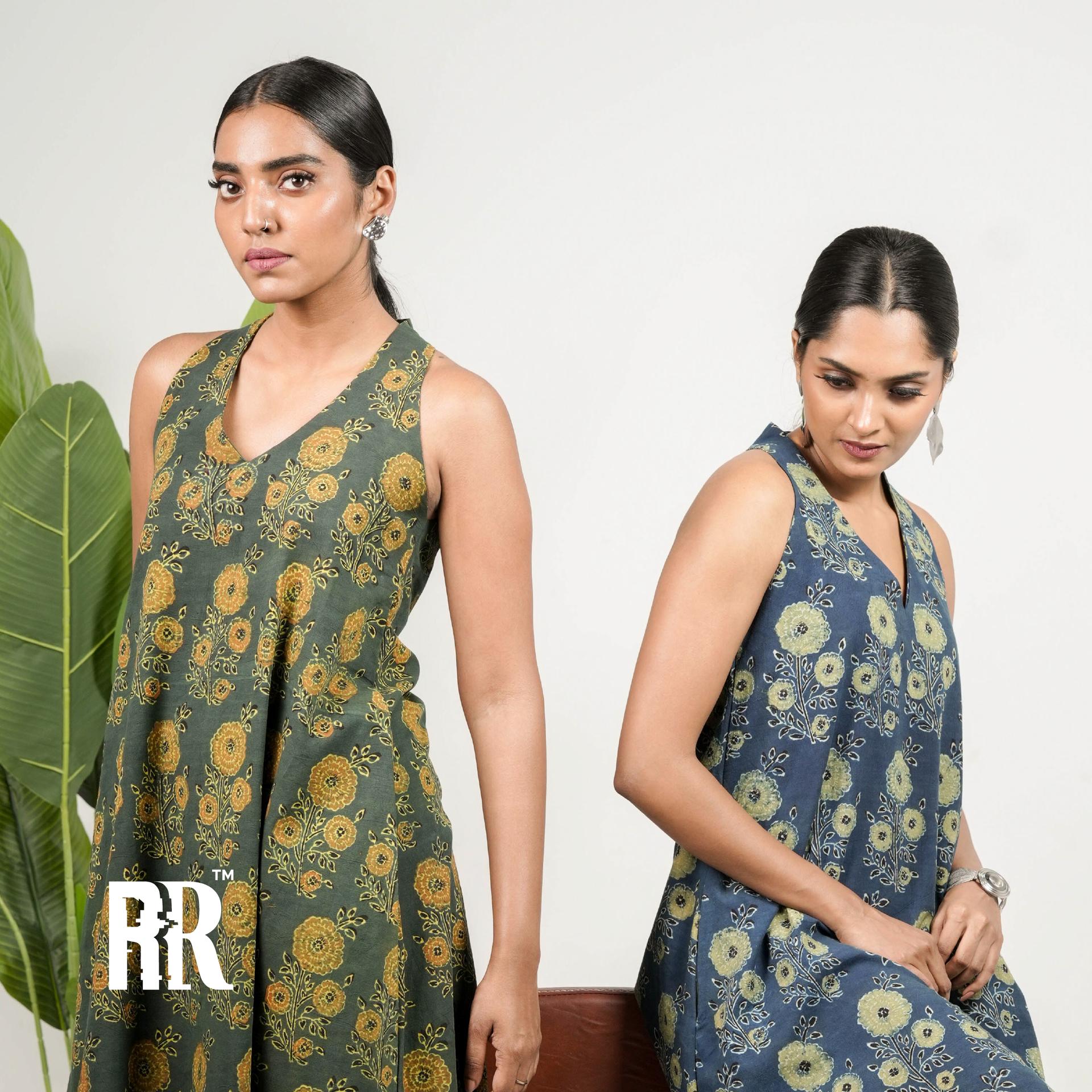 Green Ajrakh Floral Print Dress image 4