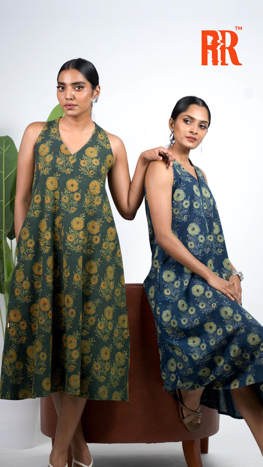 Green Ajrakh Floral Print Dress image 5