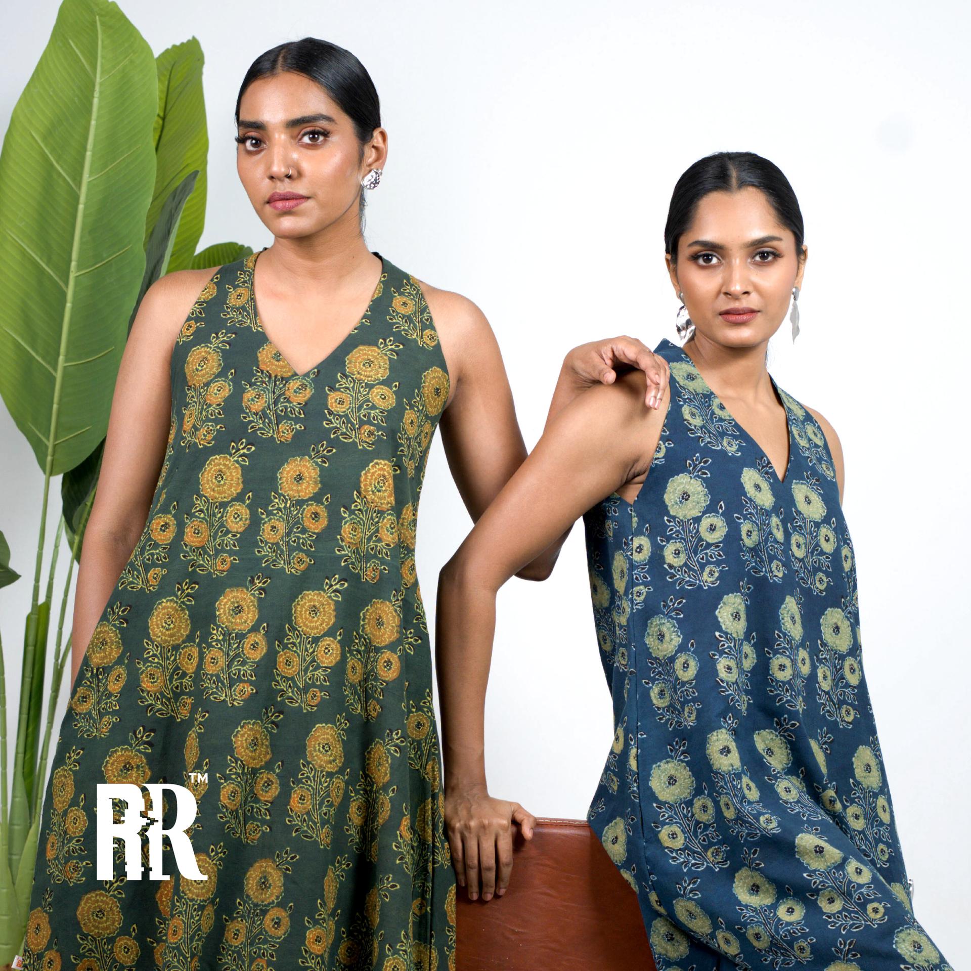Green Ajrakh Floral Print Dress image 6