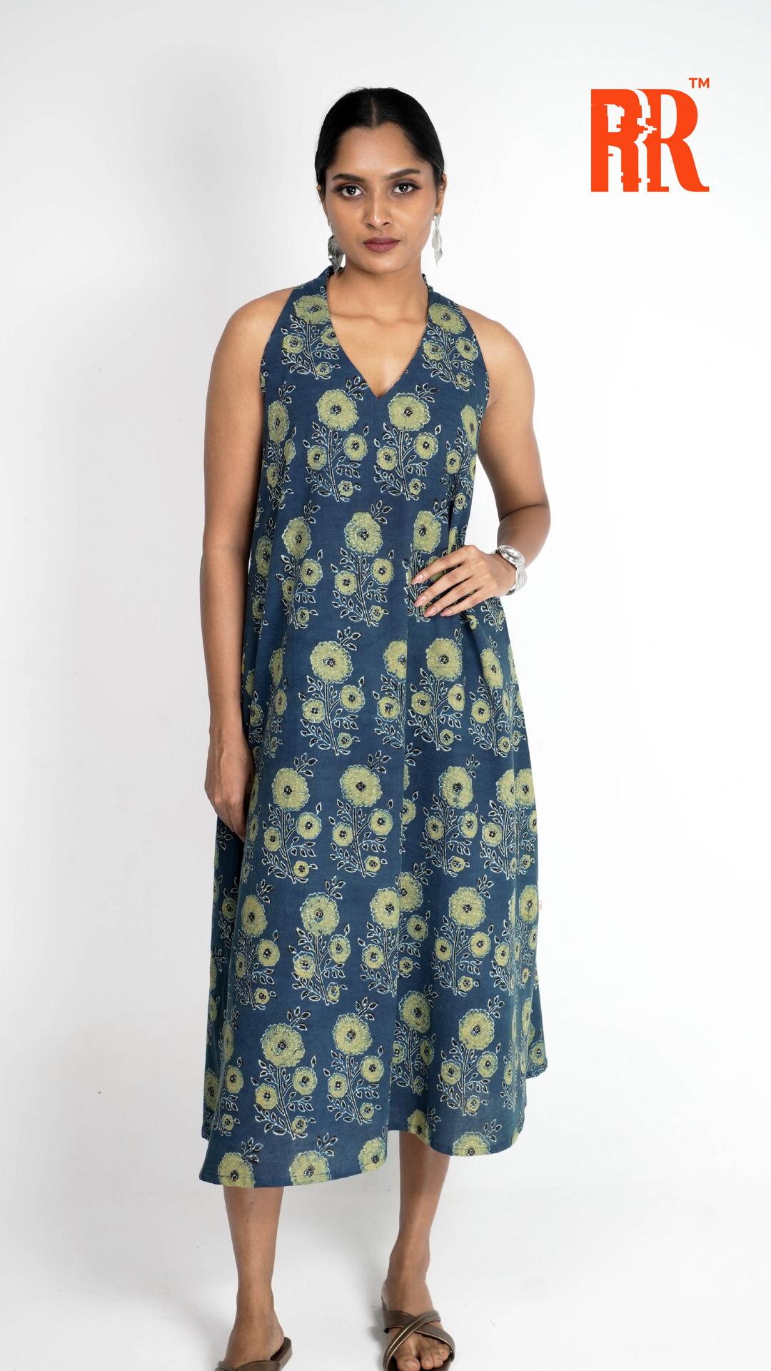 Ocean Blue Ajrakh Floral Print Dress